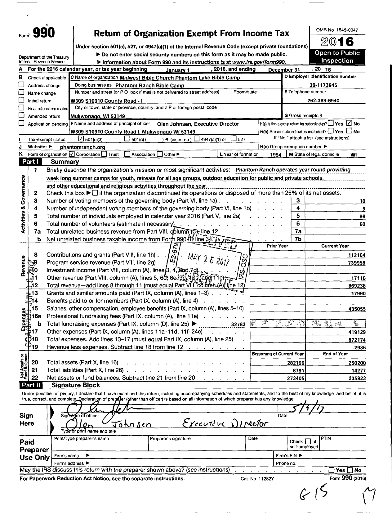 Image of first page of 2016 Form 990 for Midwest Bible Church Phantom Lake Bible Camp
