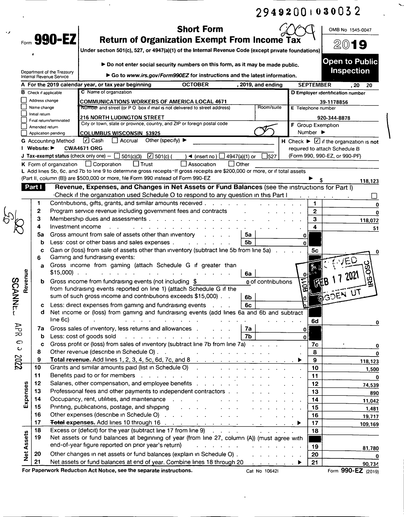 Image of first page of 2019 Form 990EO for Communications Workers of America - 4671 Local