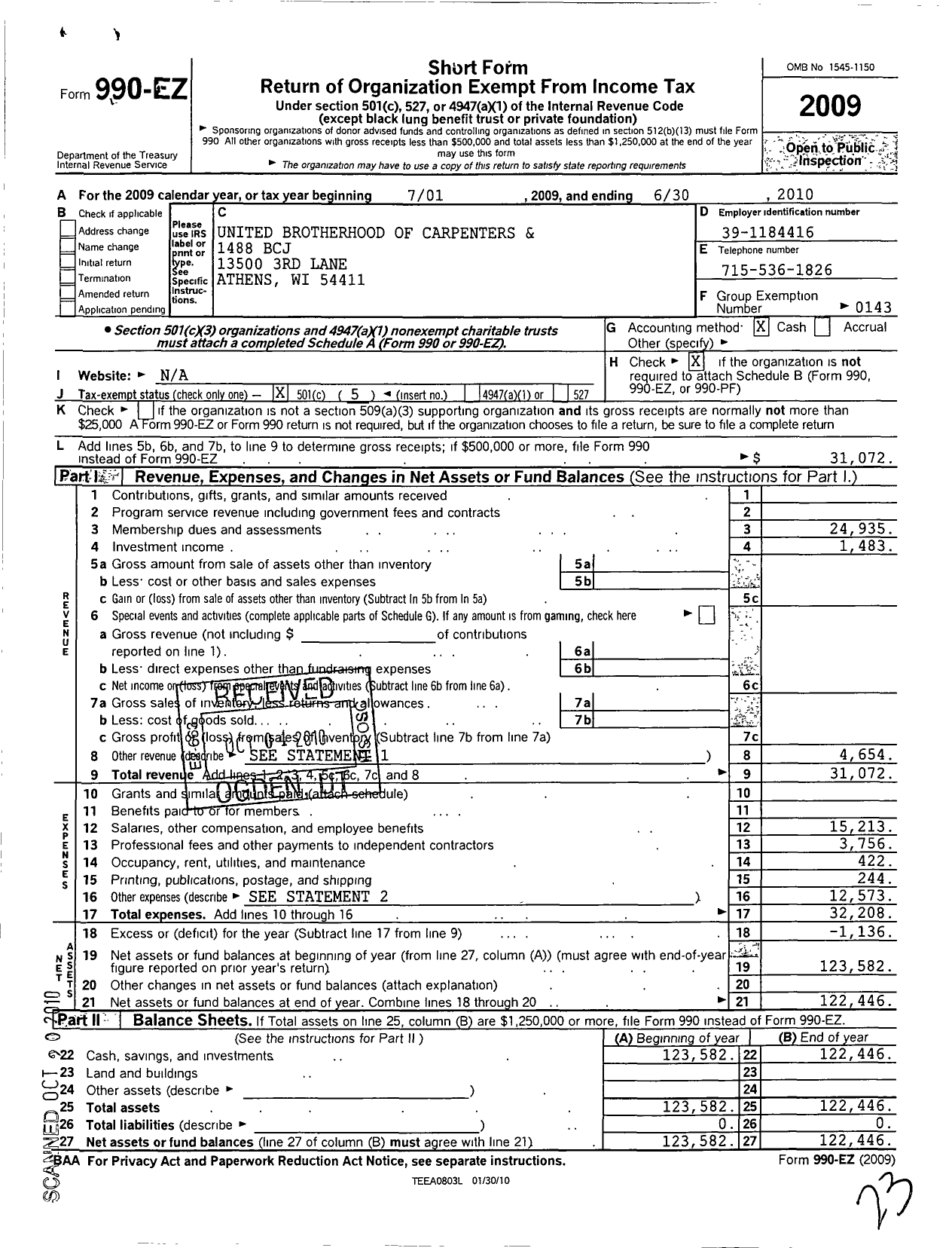 Image of first page of 2009 Form 990EO for United Brotherhood of Carpenters and Joiners of Ameriica Local 1488