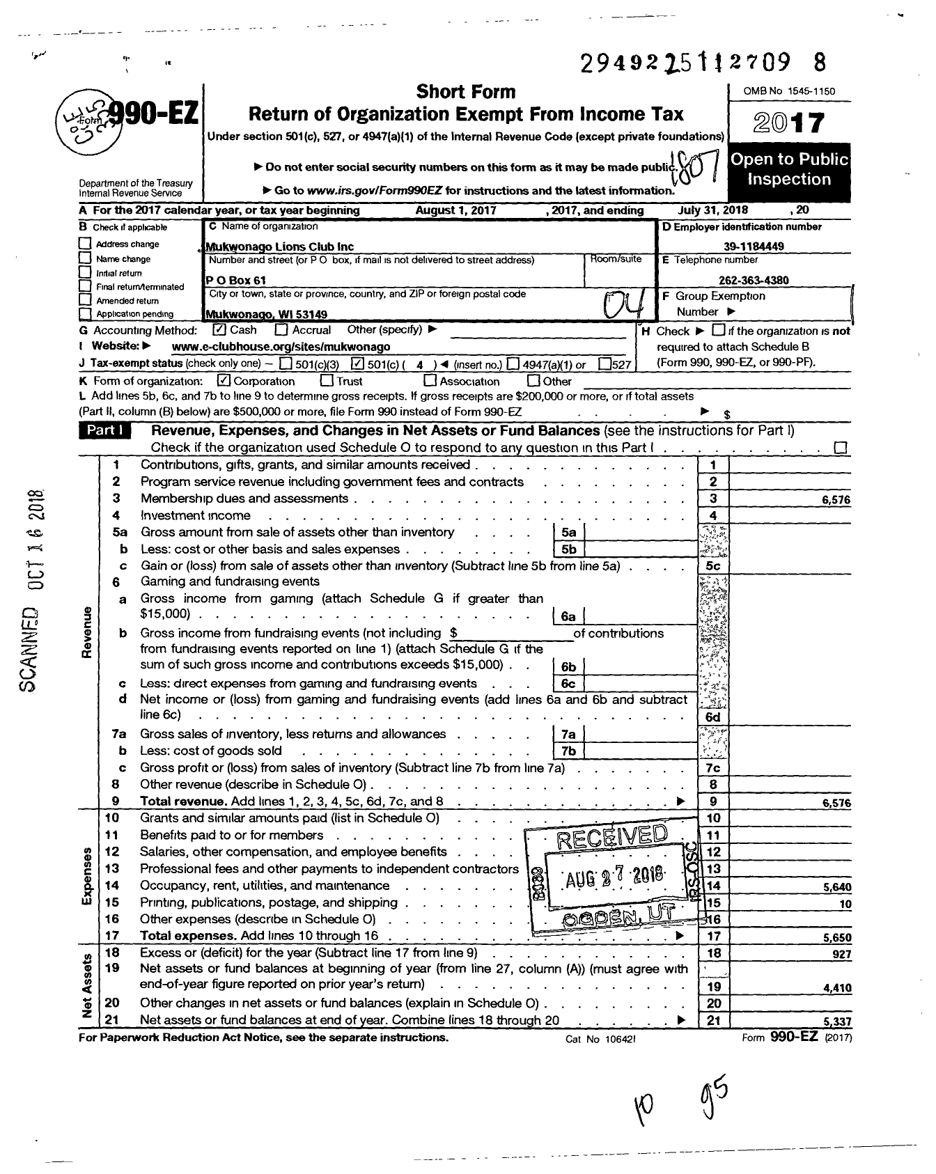 Image of first page of 2017 Form 990EO for Lions Clubs - 10342 Mukwonago