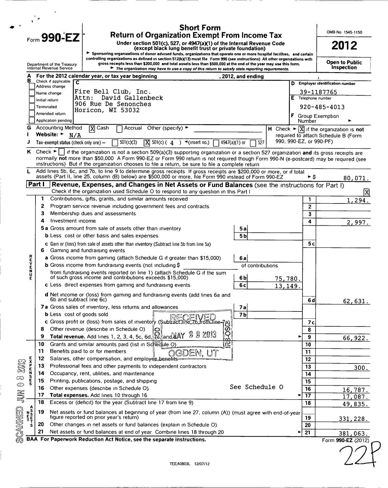 Image of first page of 2012 Form 990EO for Fire Bell Club