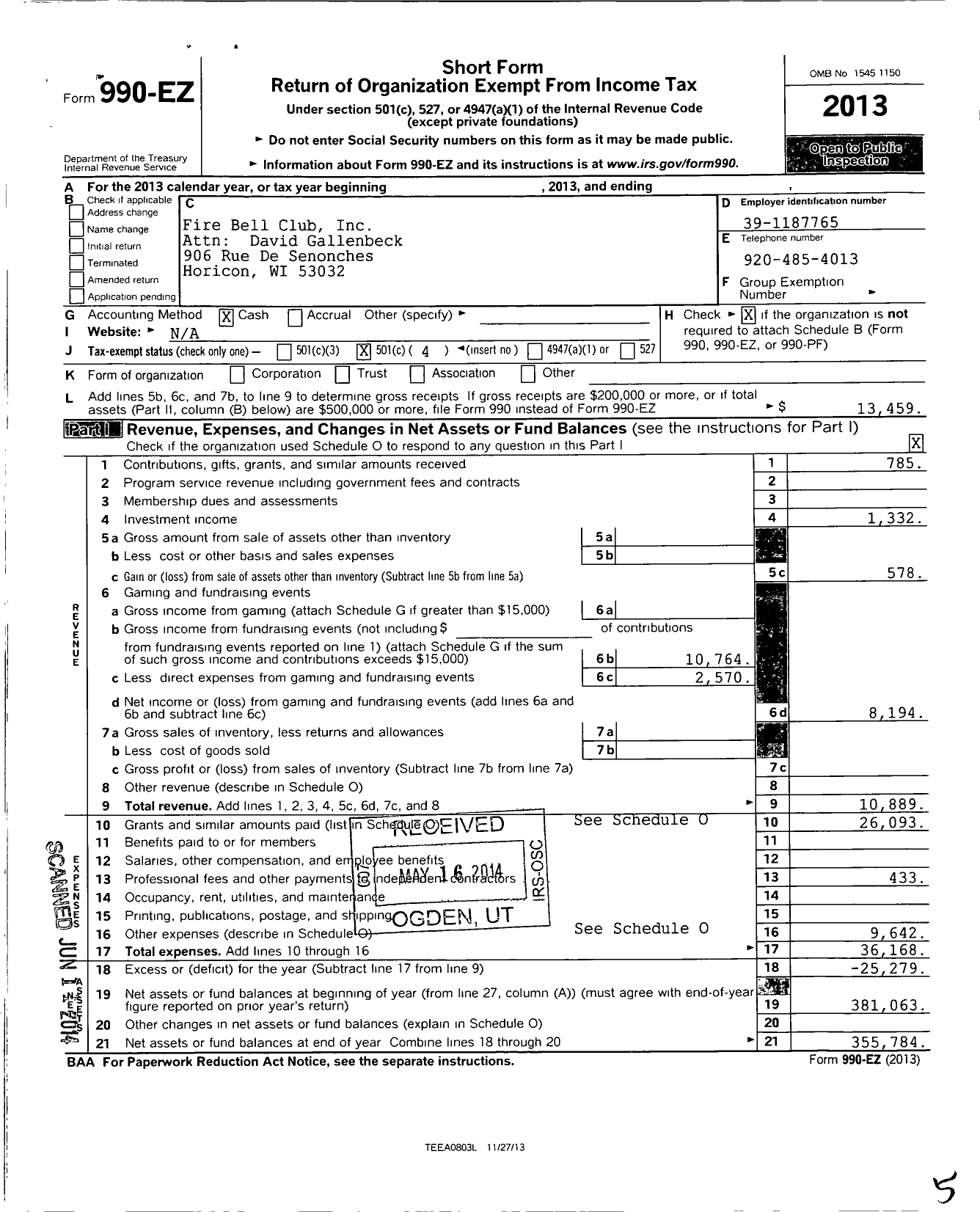 Image of first page of 2013 Form 990EO for Fire Bell Club