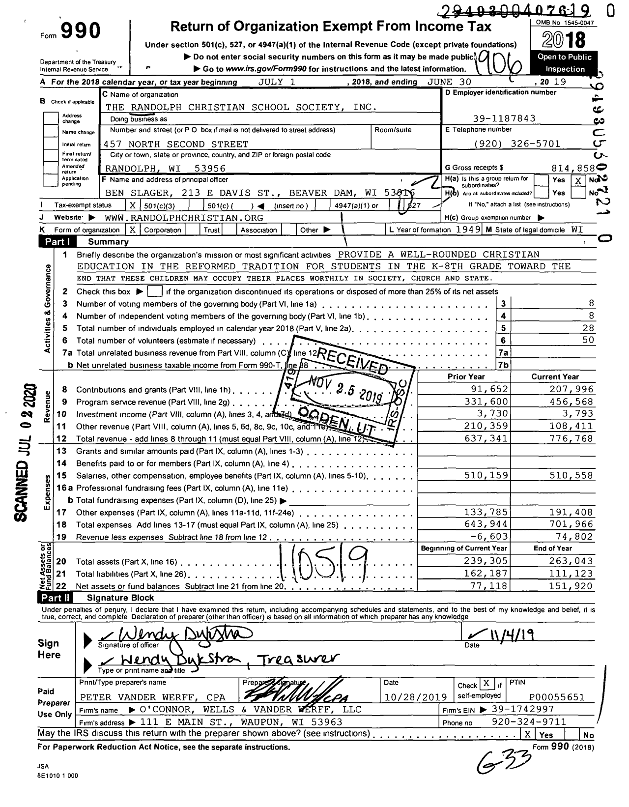 Image of first page of 2018 Form 990 for The Randolph Christian School Society