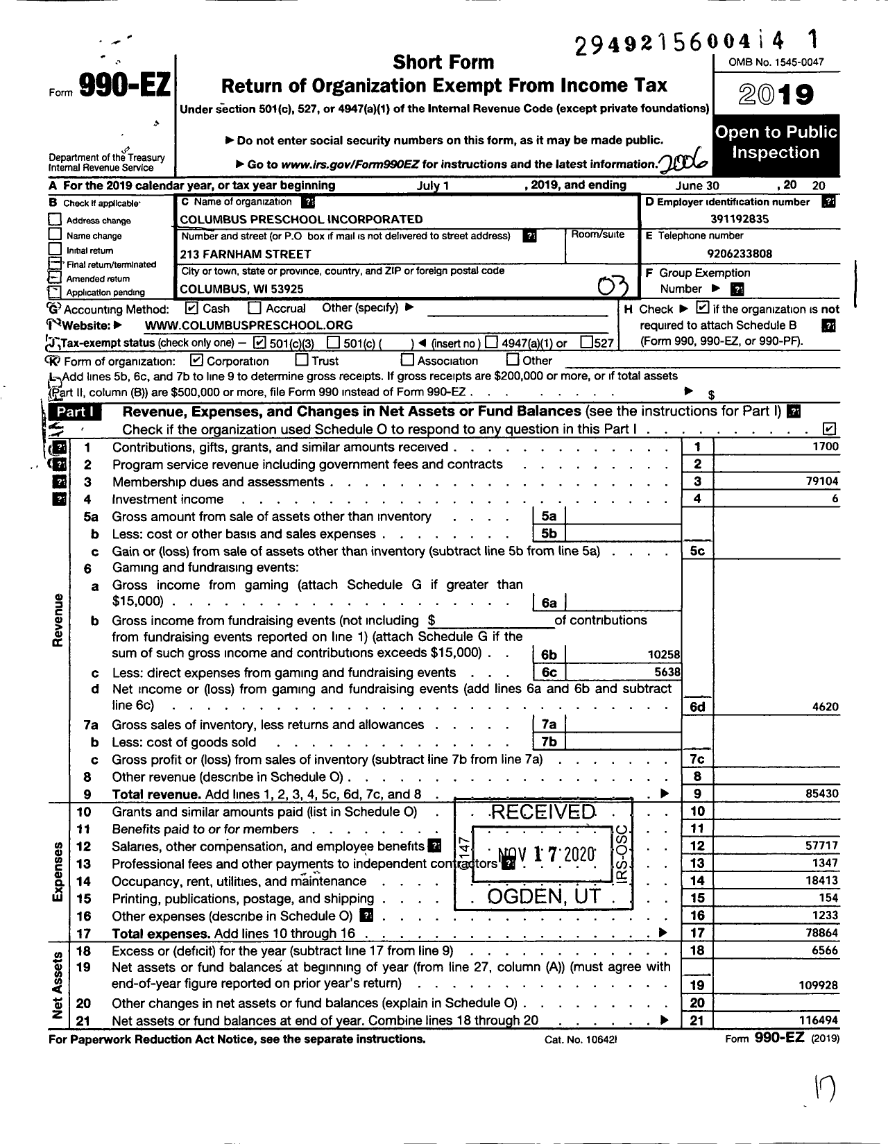 Image of first page of 2019 Form 990EZ for Columbus Preschool Incorporated