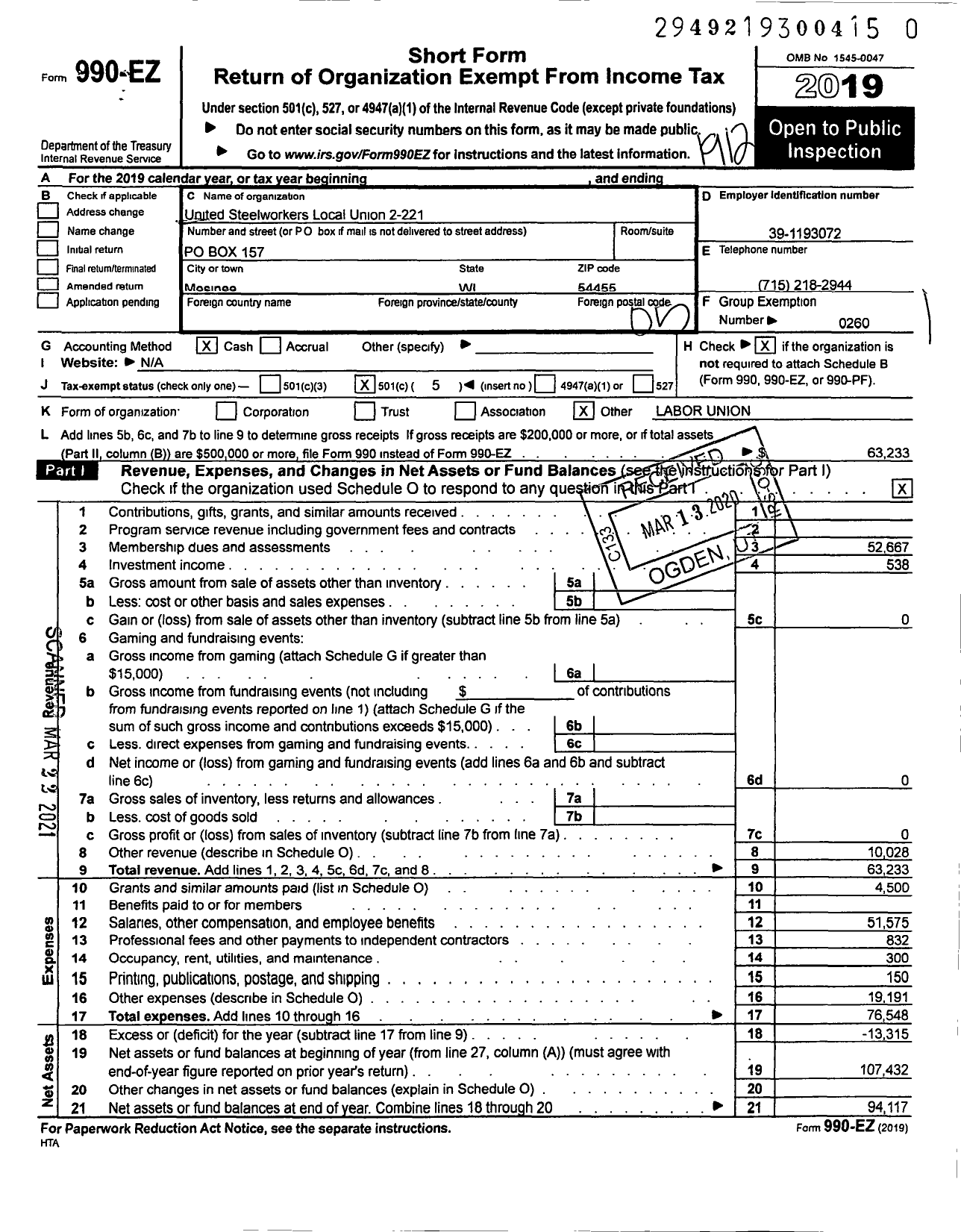 Image of first page of 2019 Form 990EO for United Steelworkers - 2-00221 Local