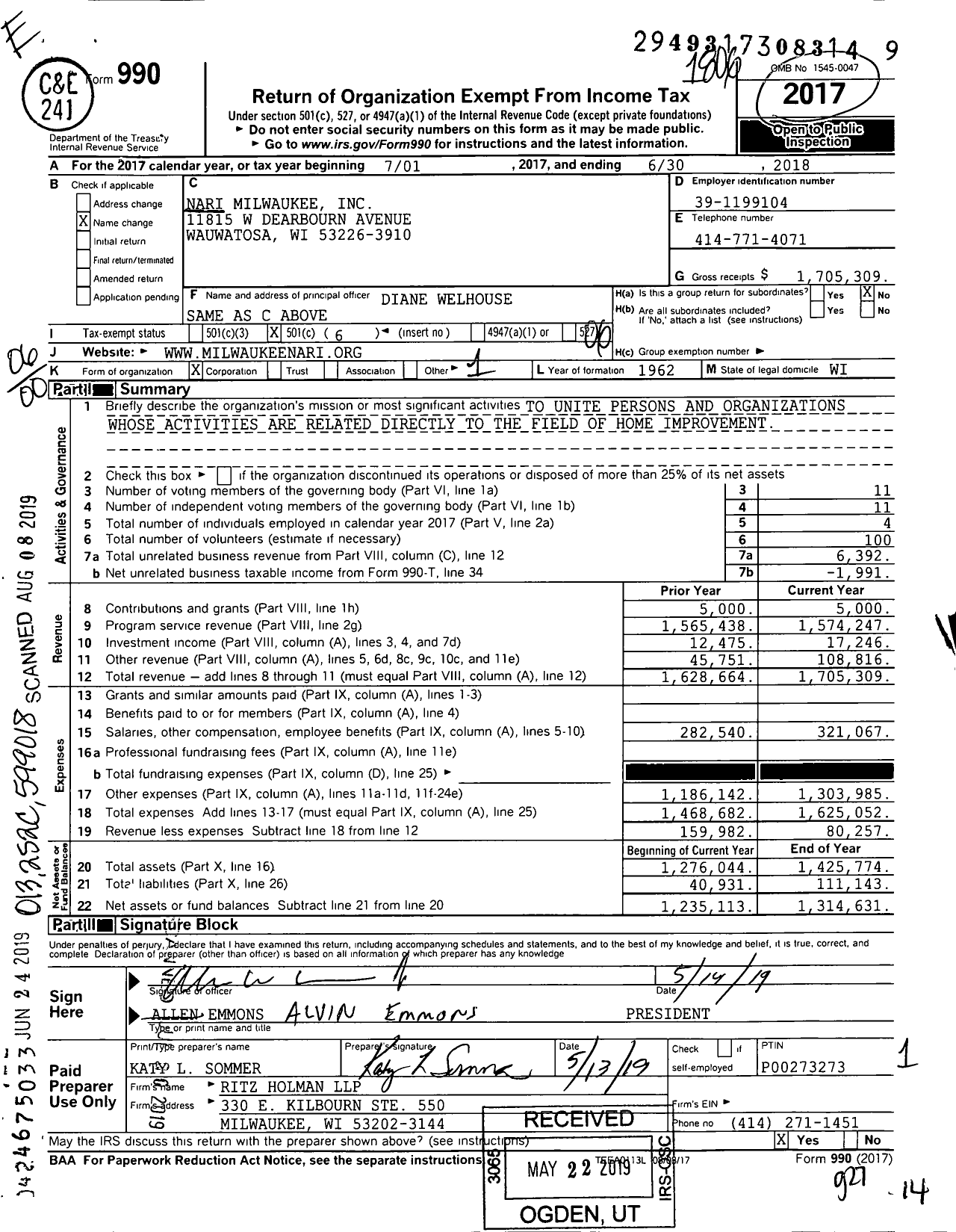 Image of first page of 2017 Form 990O for NARI Milwaukee