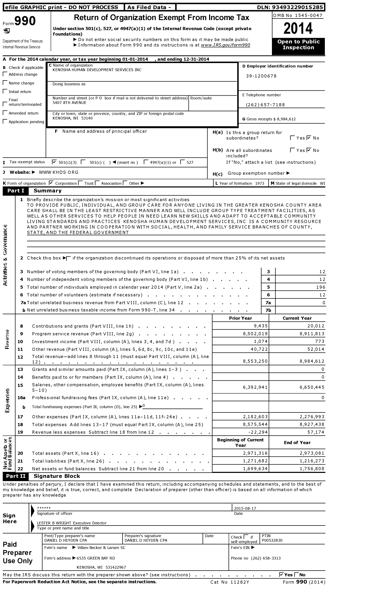 Image of first page of 2014 Form 990 for Kenosha Human Development Services (KHDS)