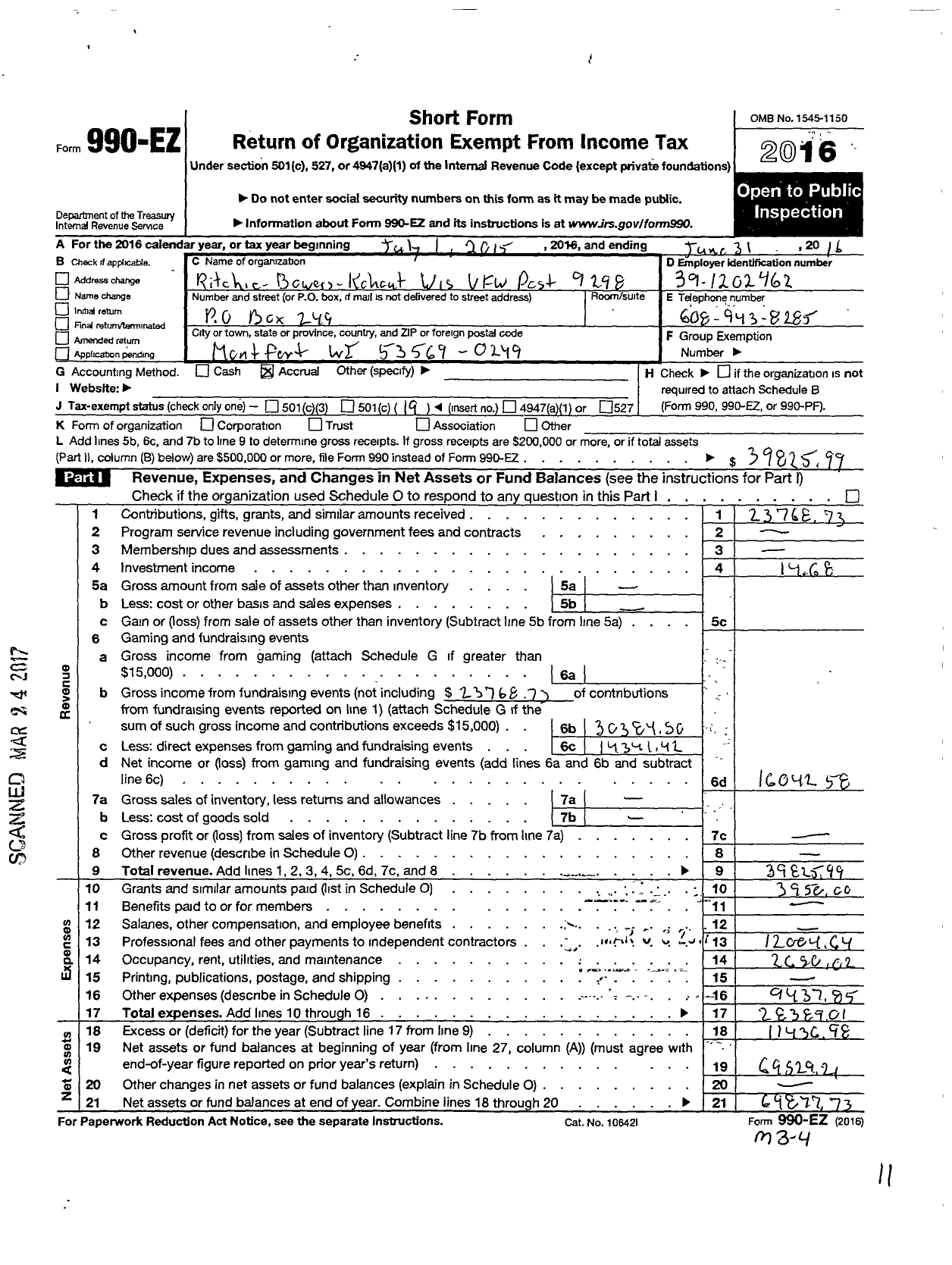 Image of first page of 2015 Form 990EO for VFW Wi - 9298 Ritchie-Bowers-Kohout Post