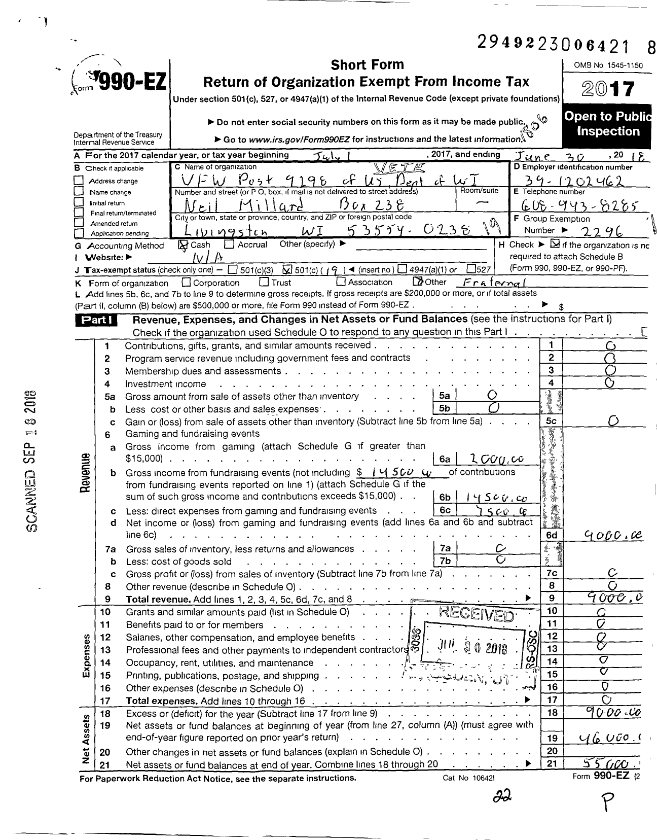 Image of first page of 2017 Form 990EO for VFW Wi - 9298 Ritchie-Bowers-Kohout Post
