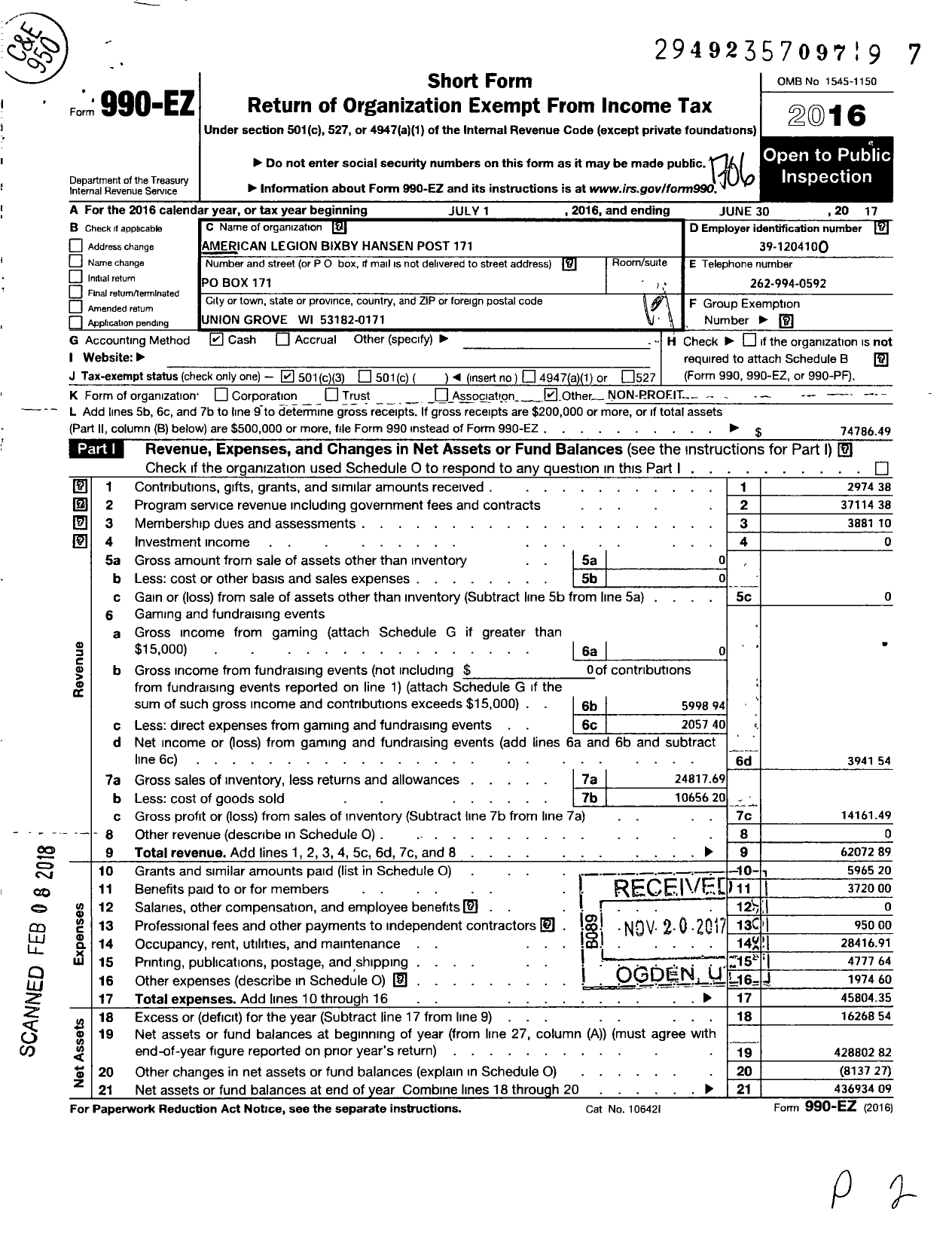 Image of first page of 2016 Form 990EO for American Legion Bixby and Hansen Post 171