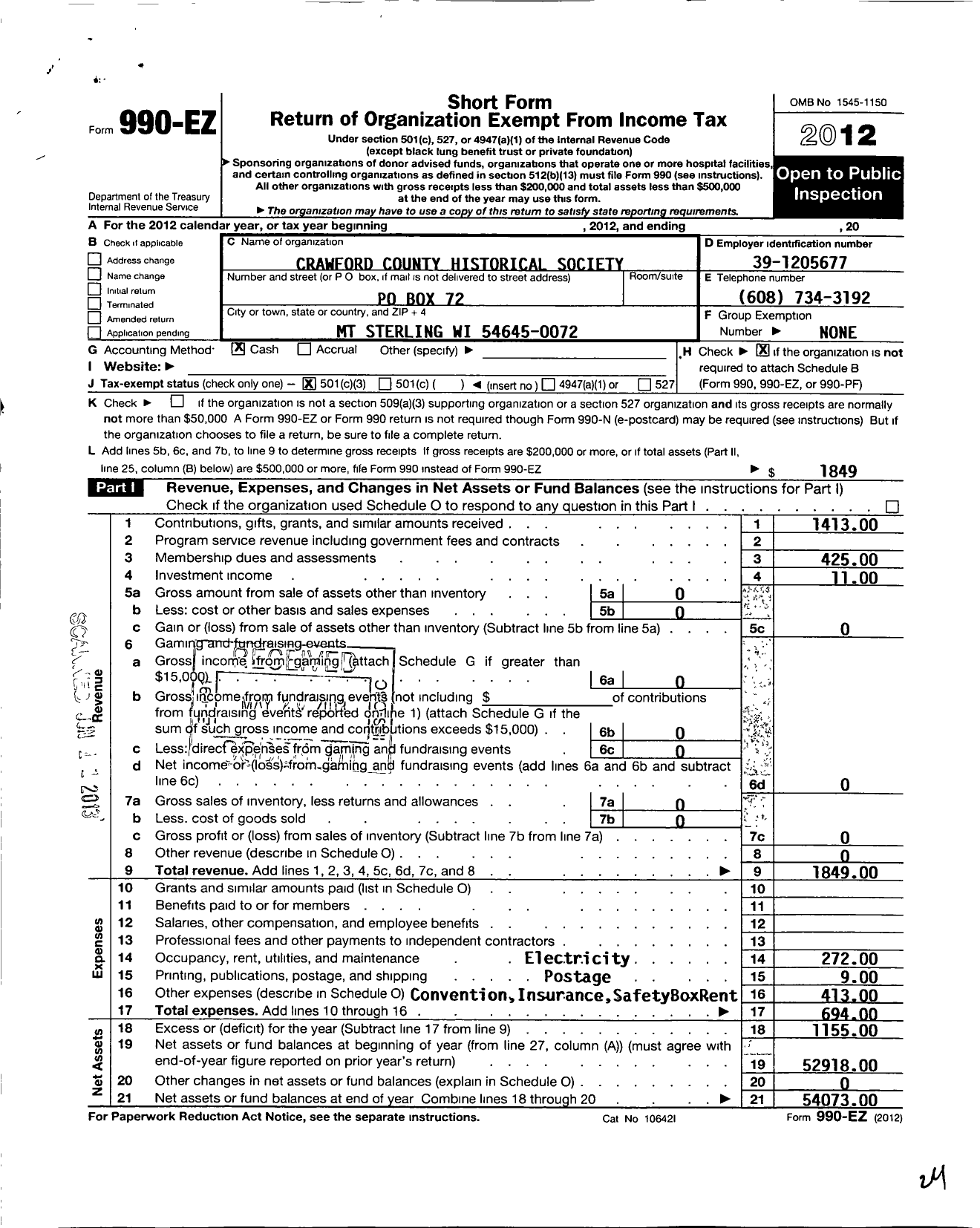 Image of first page of 2012 Form 990EZ for Crawford County Historical Society