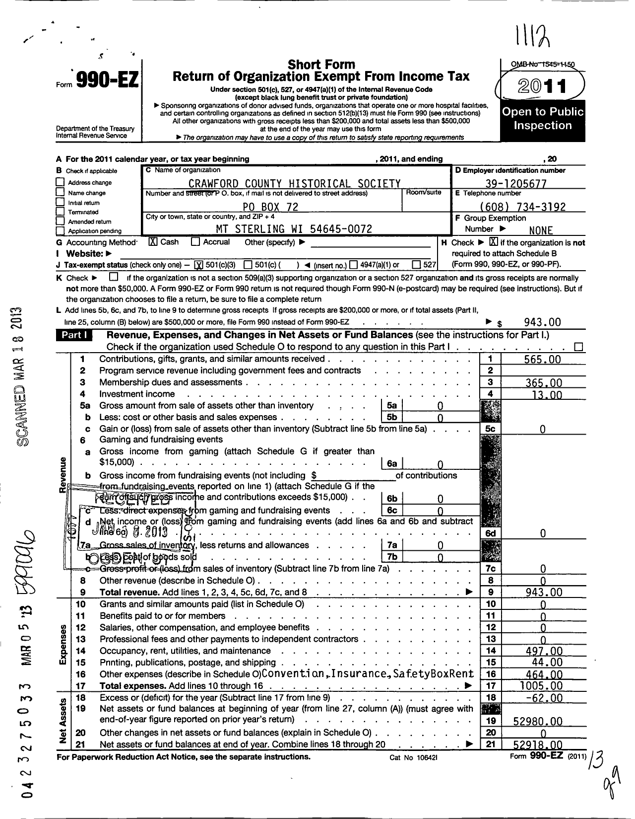 Image of first page of 2011 Form 990EZ for Crawford County Historical Society