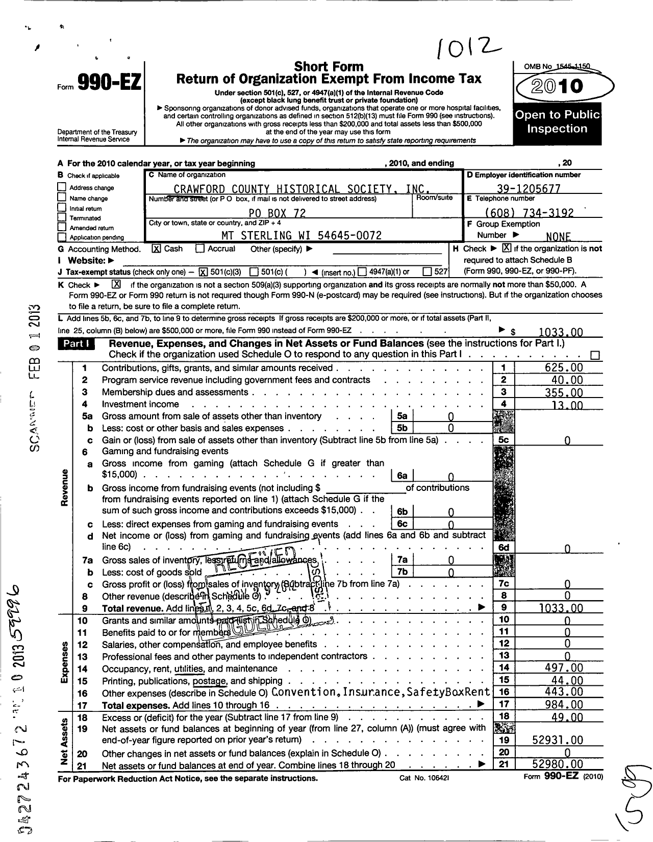 Image of first page of 2010 Form 990EZ for Crawford County Historical Society