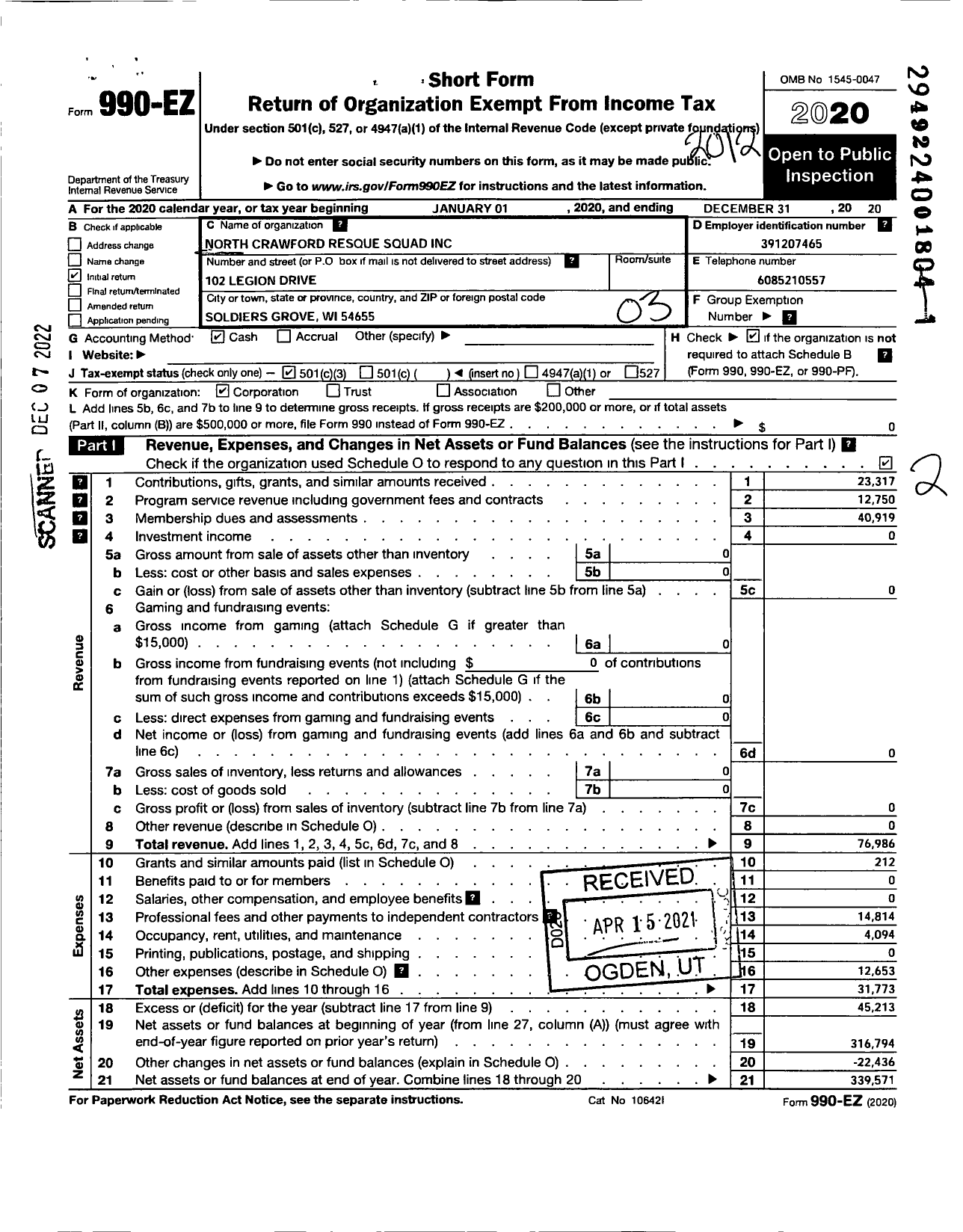 Image of first page of 2020 Form 990EZ for North Crawford Rescue Squad