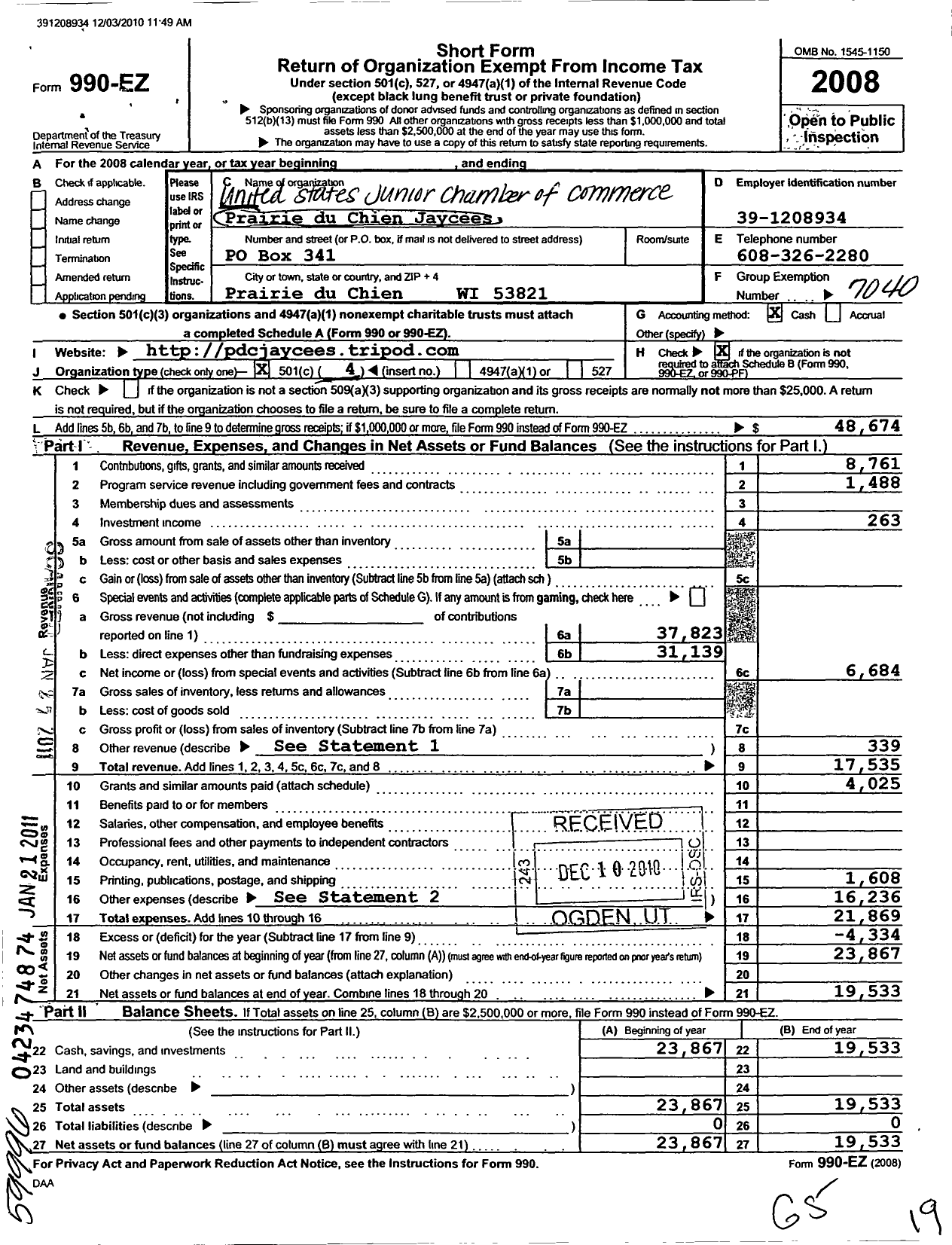 Image of first page of 2008 Form 990EO for United States Junior Chamber of Commerce / Prairie Du Chien Jaycees Inc