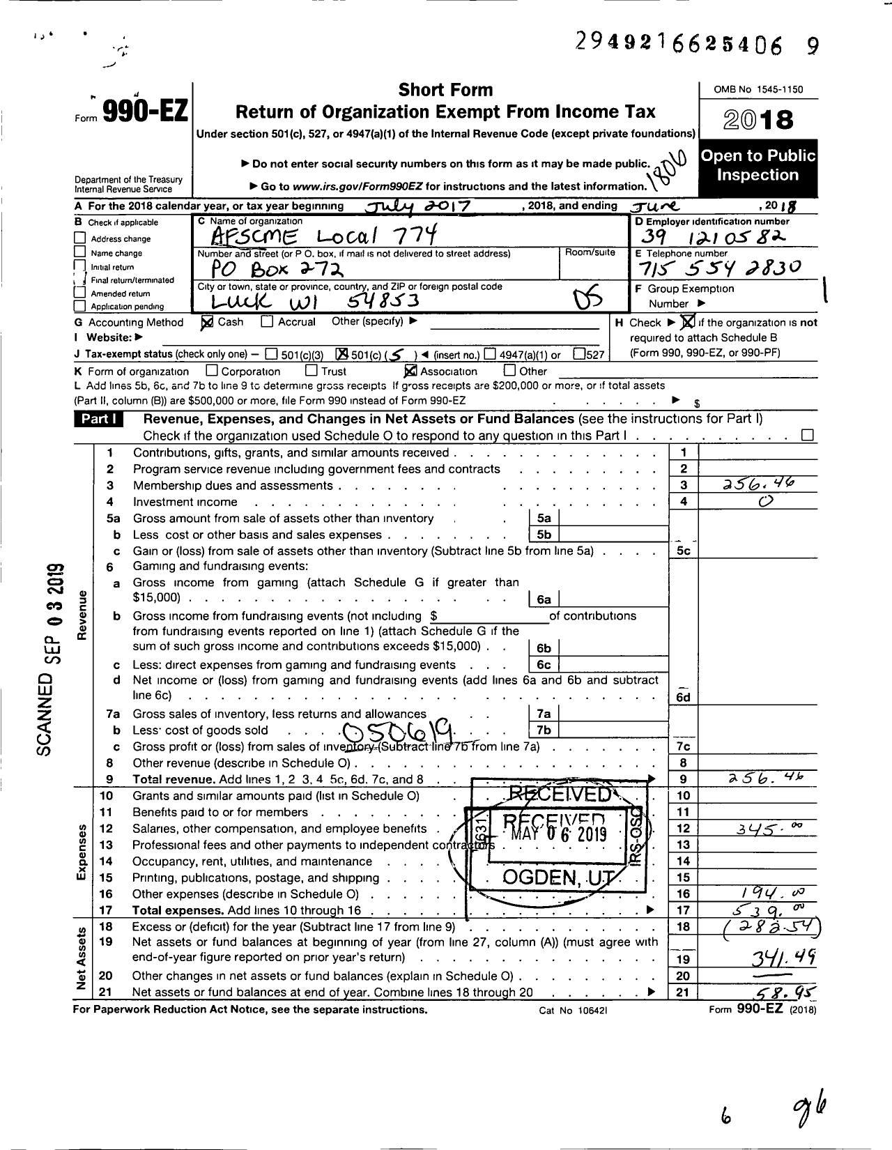 Image of first page of 2017 Form 990EO for American Federation of State County & Municipal Employees - L07741wi Polk Co Co and Munic Emp