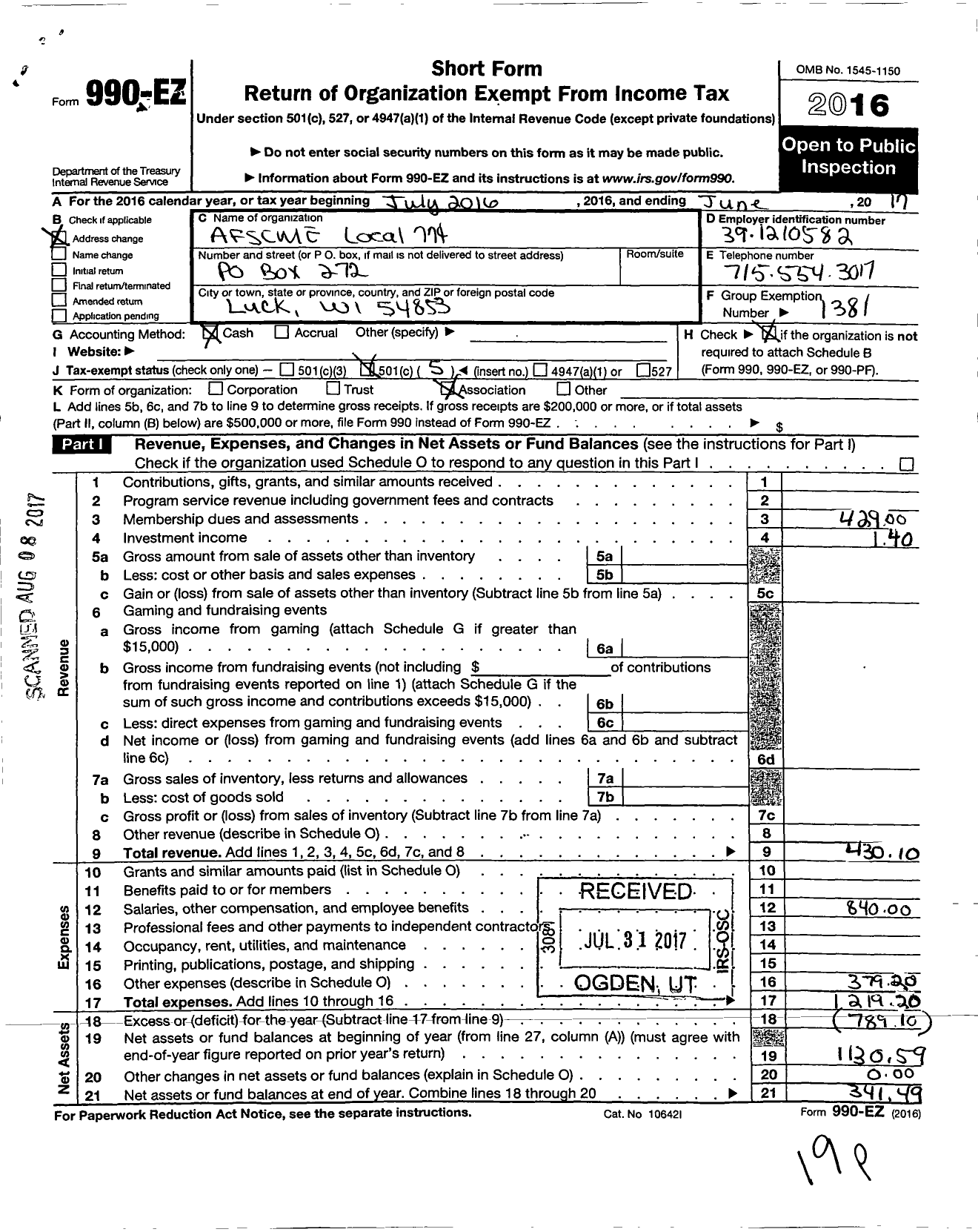 Image of first page of 2016 Form 990EO for American Federation of State County & Municipal Employees - L07741wi Polk Co Co and Munic Emp