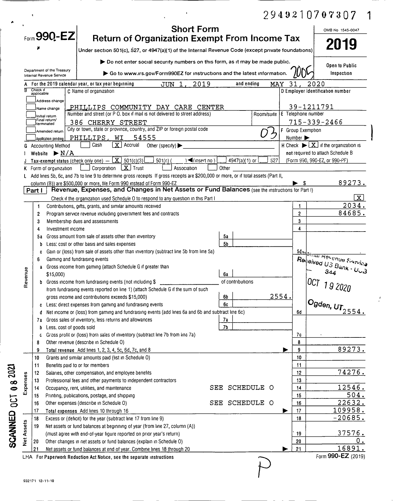 Image of first page of 2019 Form 990EZ for Phillips Community Day Care Center