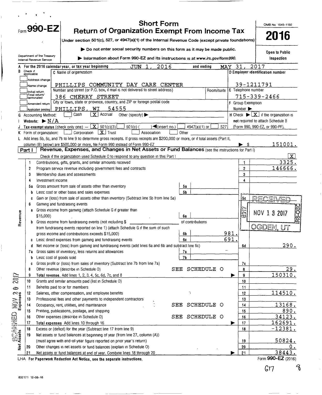 Image of first page of 2016 Form 990EZ for Phillips Community Day Care Center