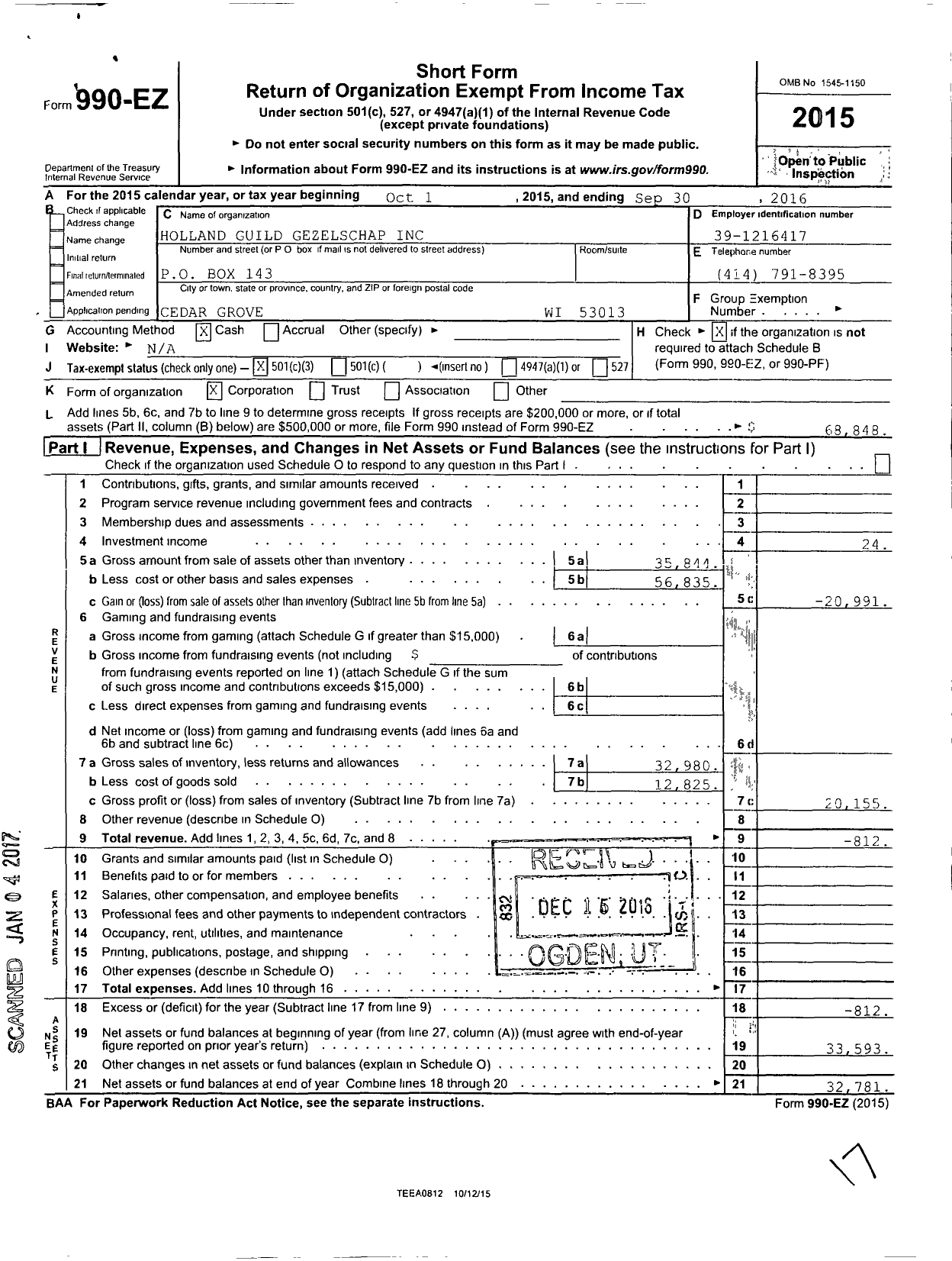 Image of first page of 2015 Form 990EZ for Holland Guild Gezelschap