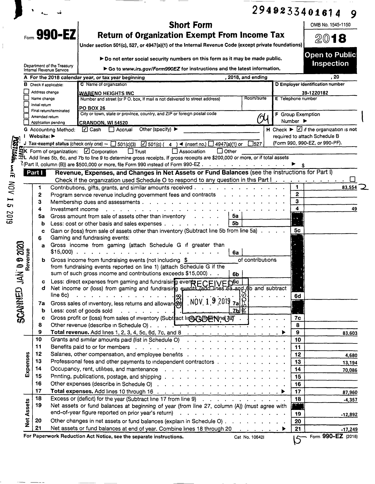 Image of first page of 2018 Form 990EO for Wabeno Heights