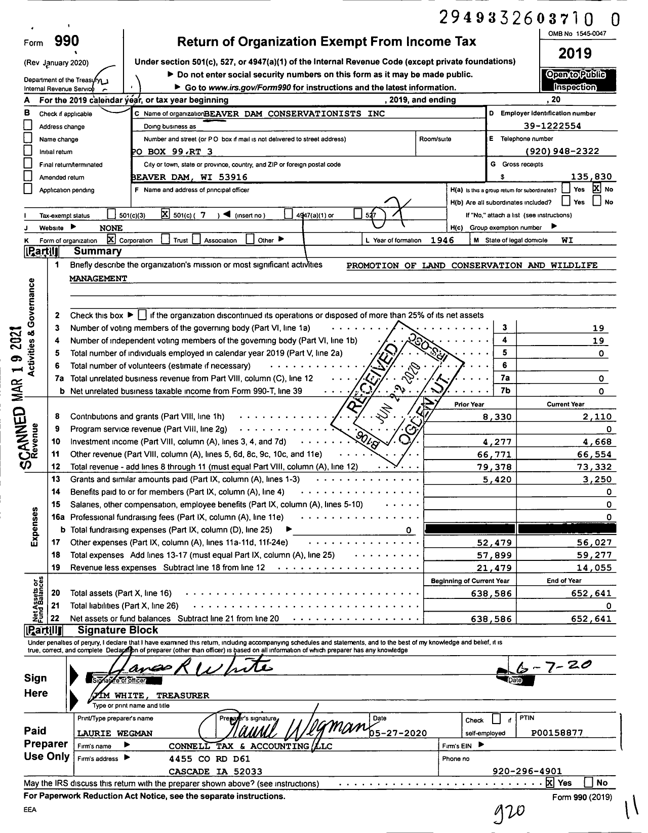 Image of first page of 2019 Form 990O for Beaver Dam Conservationists