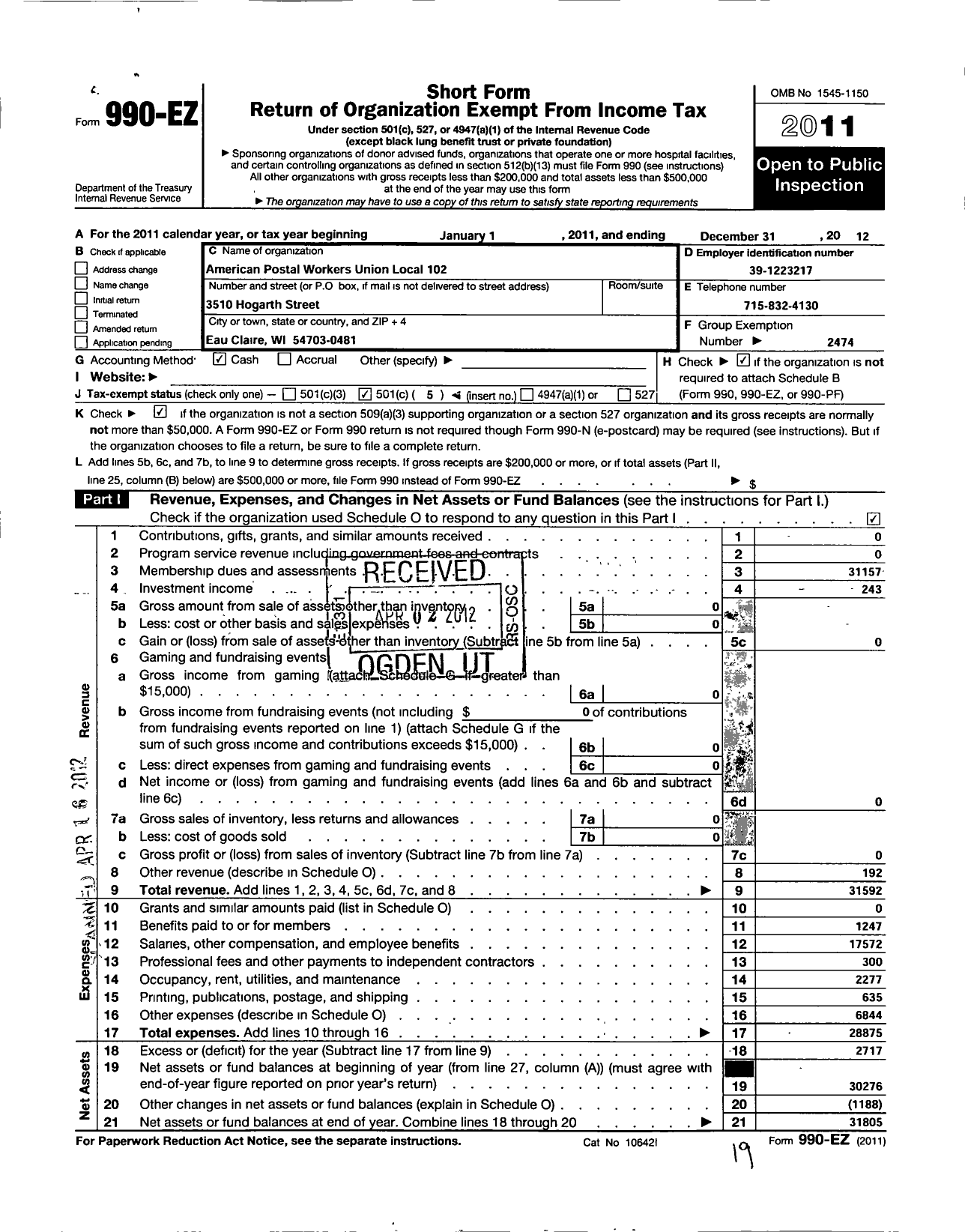 Image of first page of 2012 Form 990EO for American Postal Workers Union - 102 Eau Claire Area Local