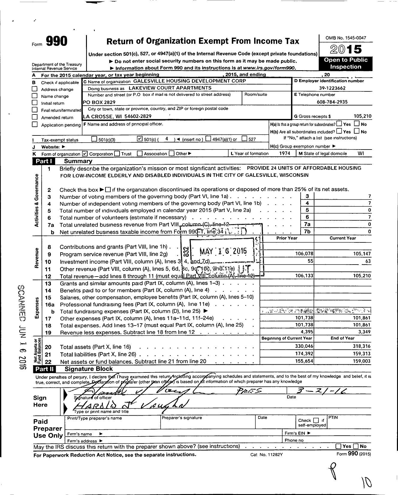 Image of first page of 2015 Form 990O for Lakeview Court Apartments