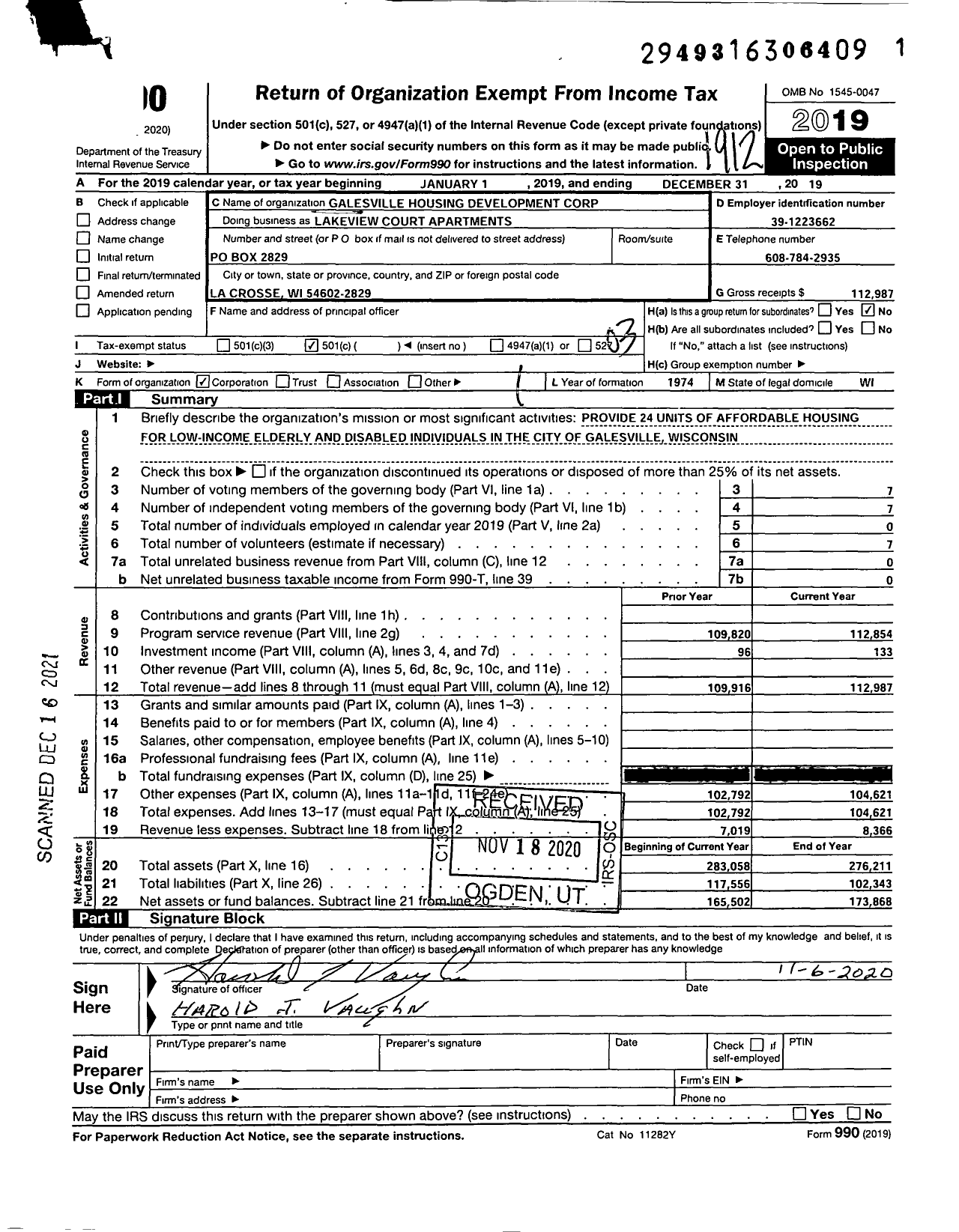 Image of first page of 2019 Form 990 for Lakeview Court Apartments