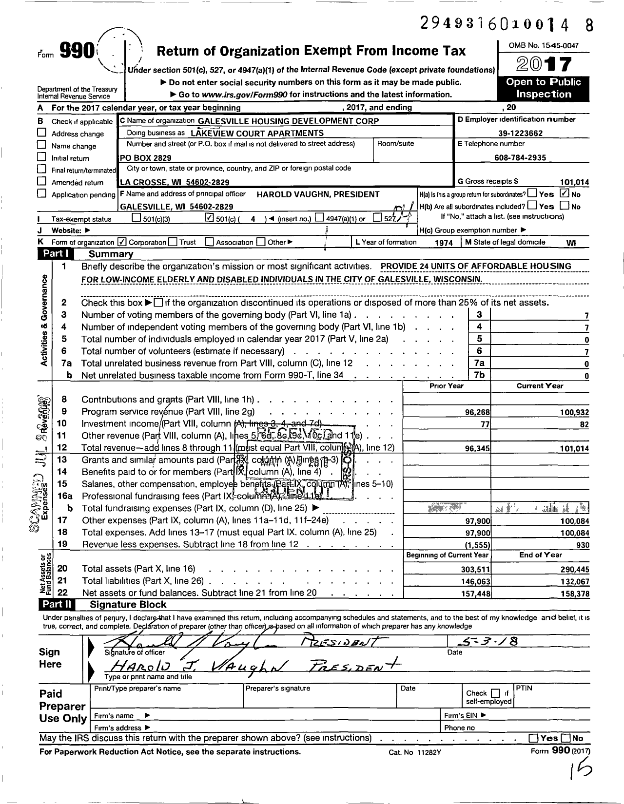 Image of first page of 2017 Form 990O for Lakeview Court Apartments