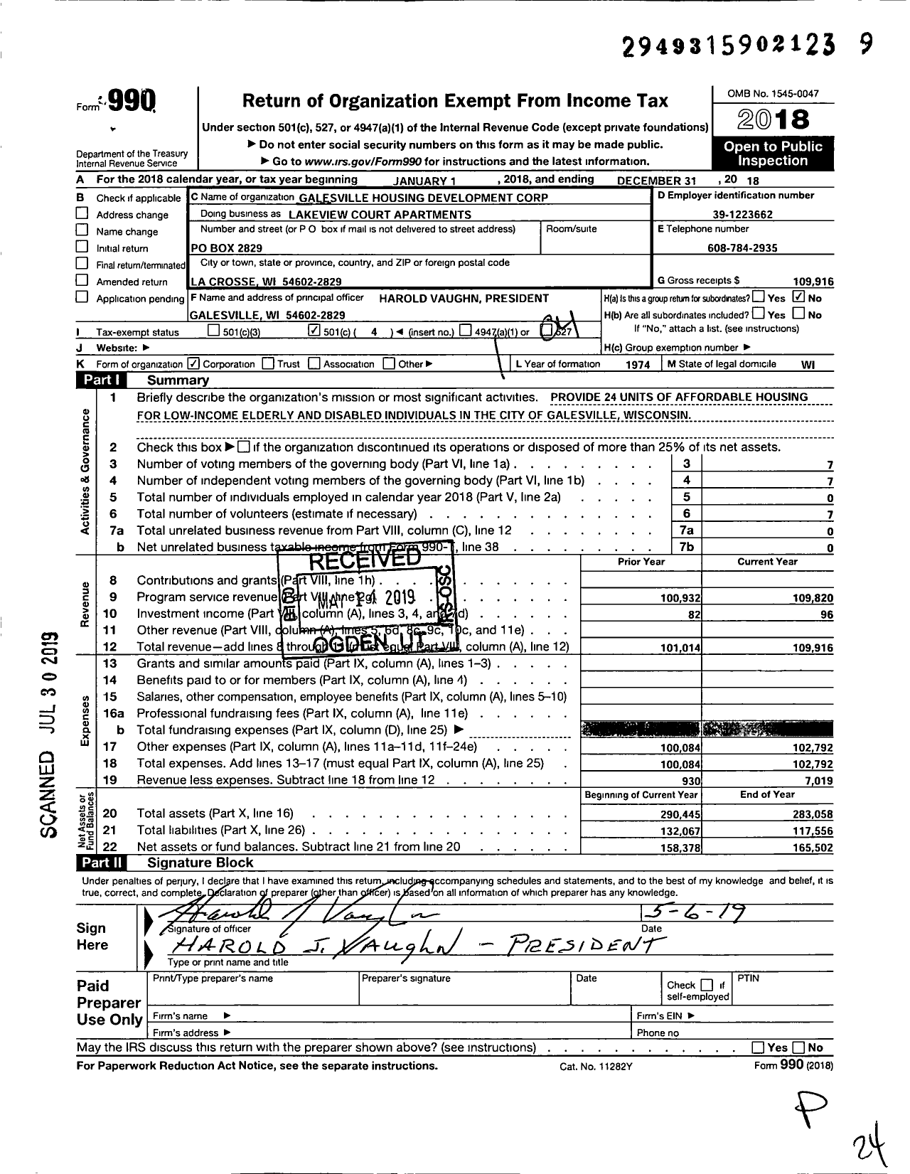 Image of first page of 2018 Form 990O for Lakeview Court Apartments