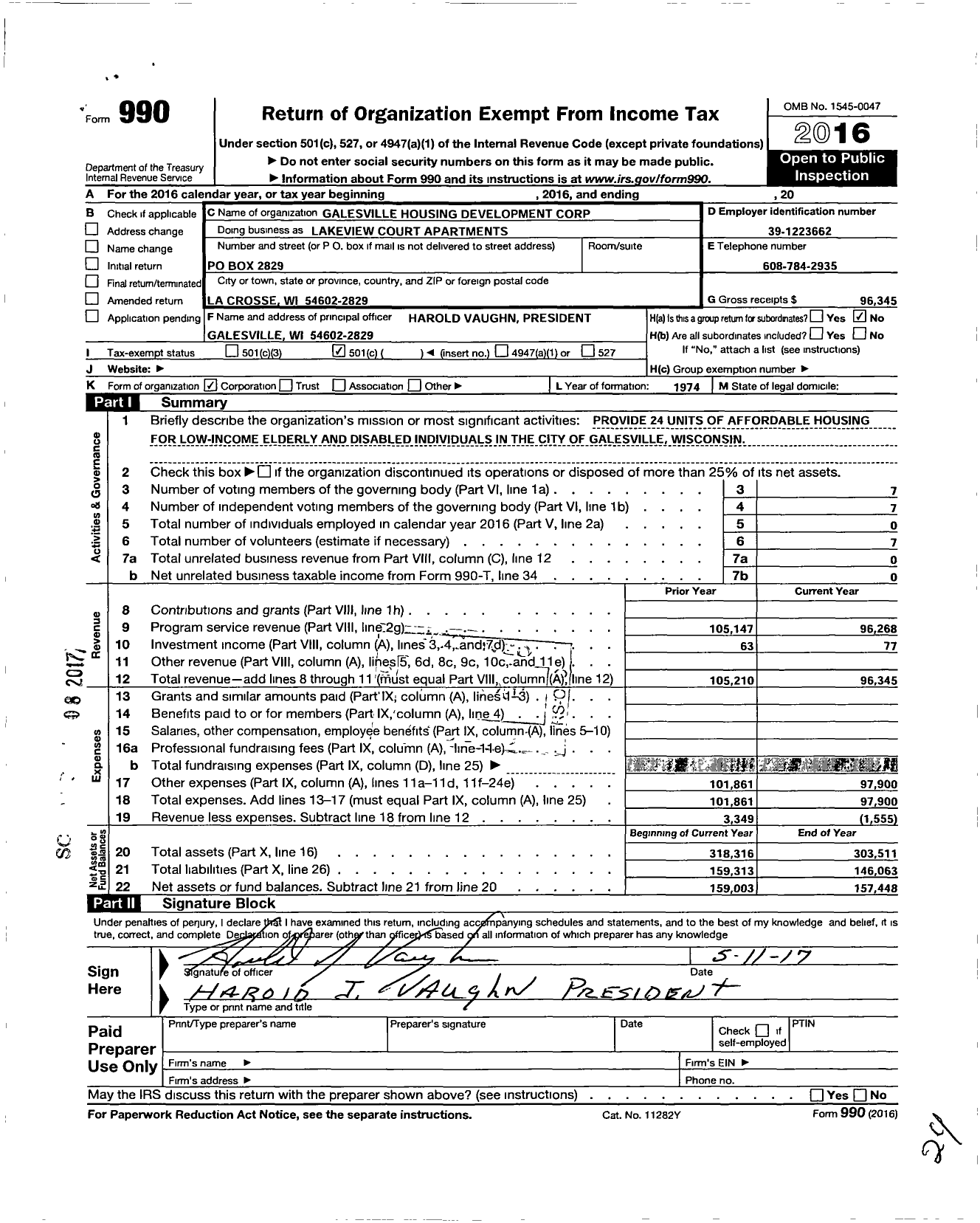 Image of first page of 2016 Form 990O for Lakeview Court Apartments