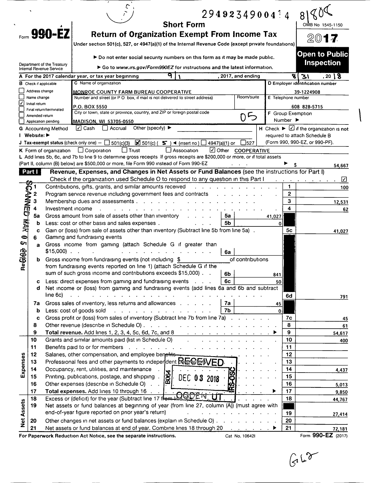 Image of first page of 2017 Form 990EO for Monroe County Farm Bureau