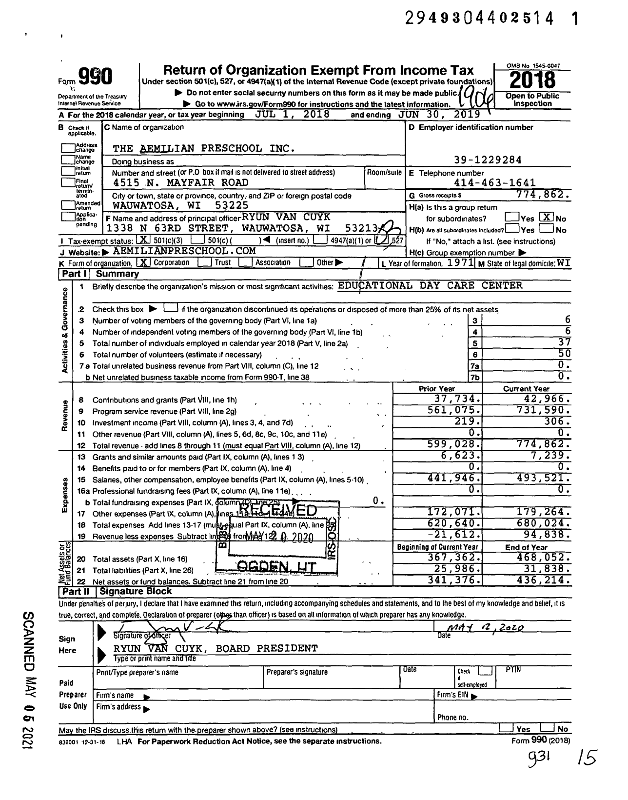 Image of first page of 2018 Form 990 for The Aemilian Preschool