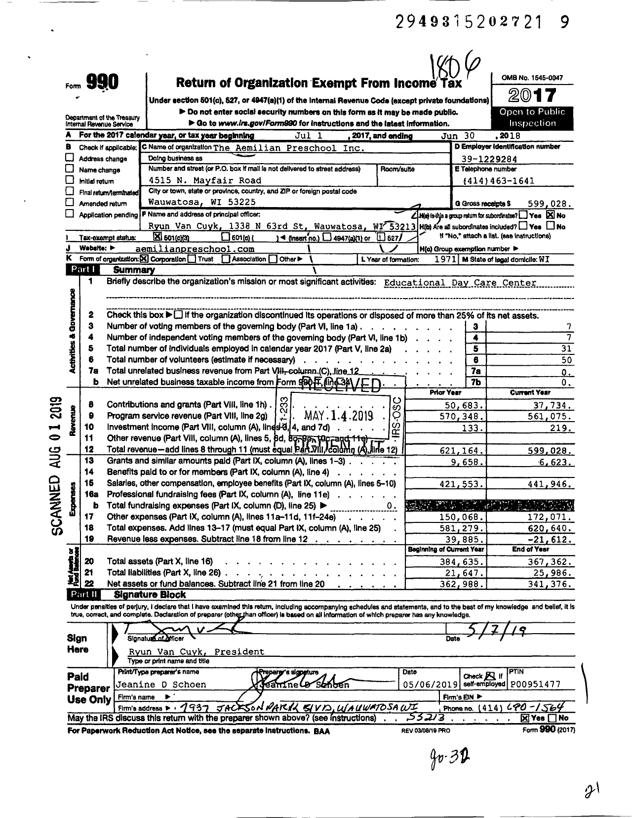 Image of first page of 2017 Form 990 for The Aemilian Preschool