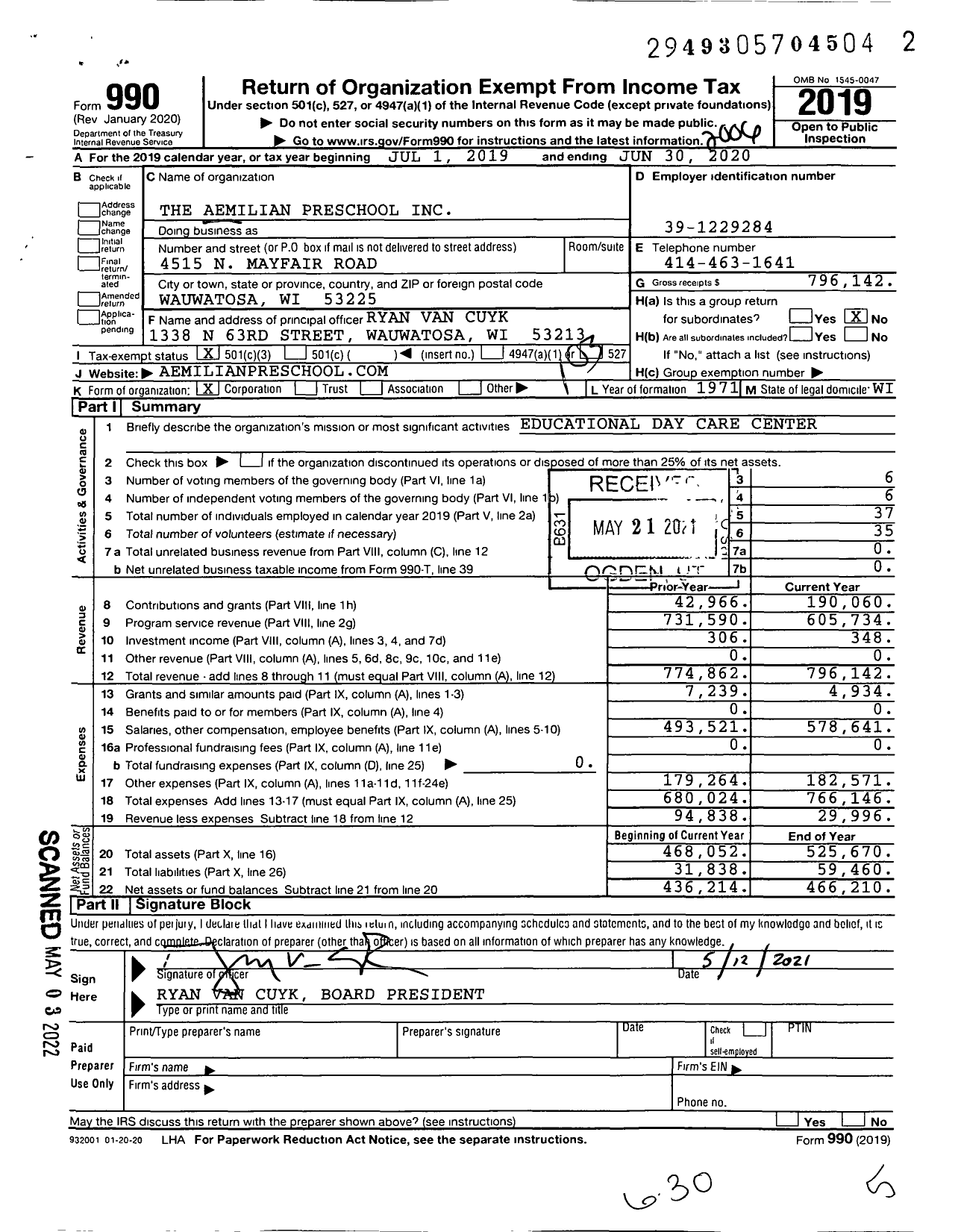 Image of first page of 2019 Form 990 for The Aemilian Preschool