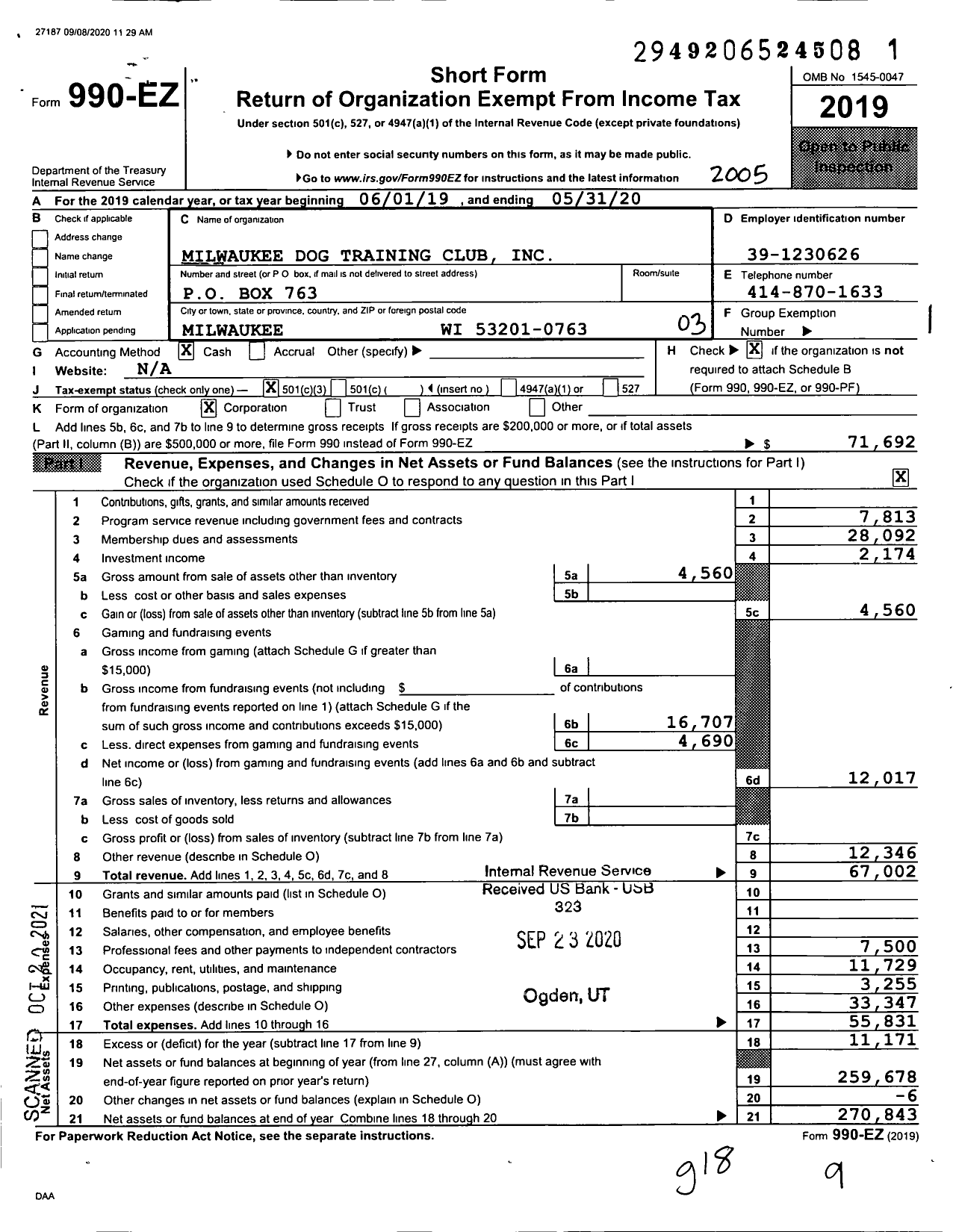 Image of first page of 2019 Form 990EZ for Milwaukee Dog Training Club