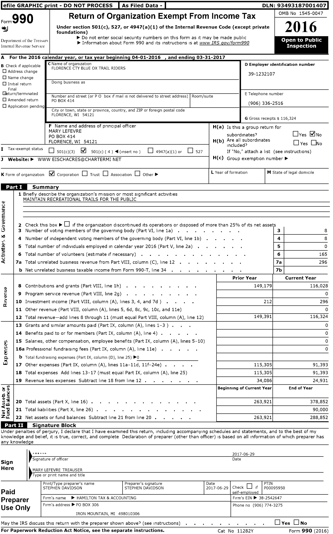Image of first page of 2016 Form 990O for Florence Cty Blue Ox Trail Riders