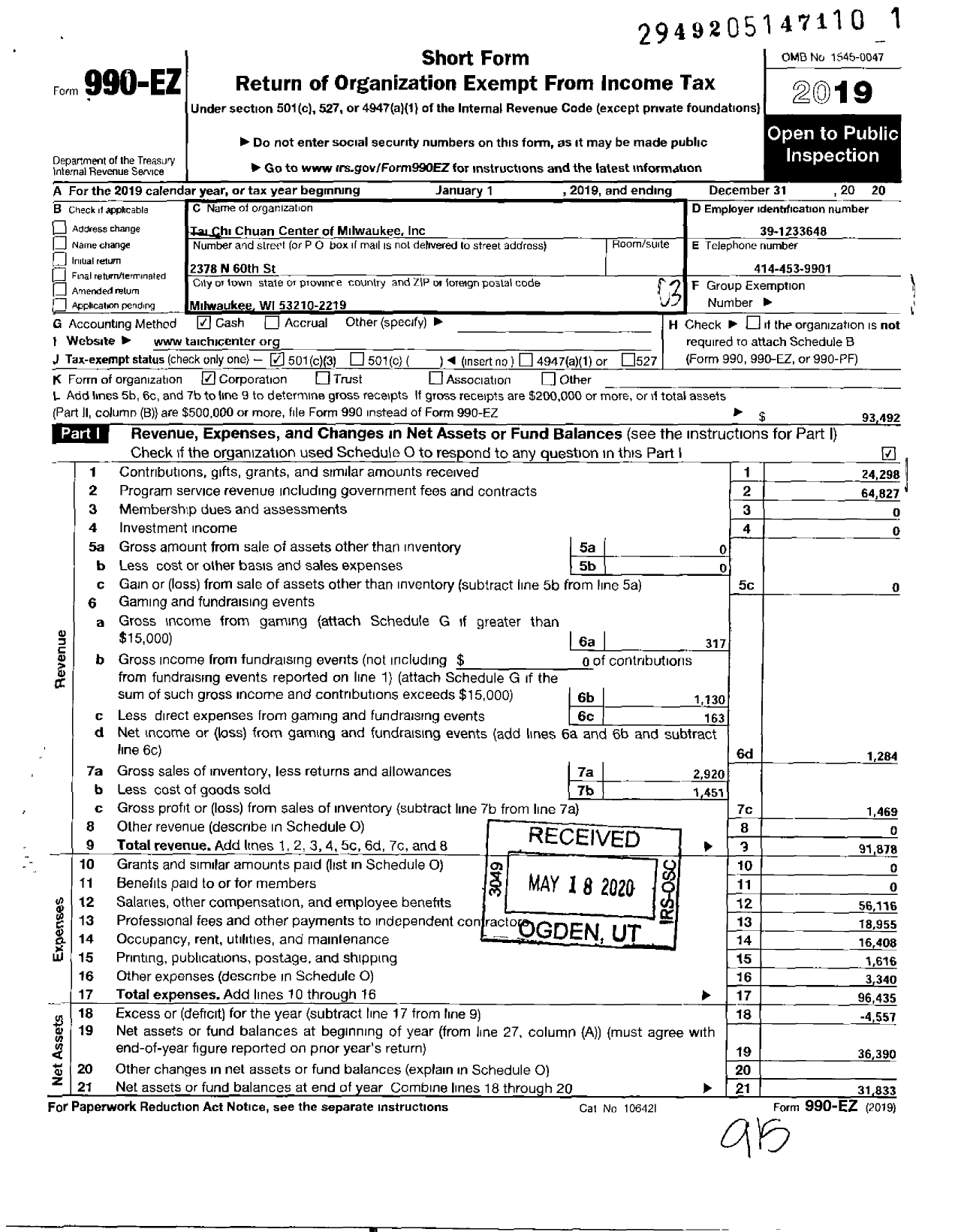 Image of first page of 2019 Form 990EZ for Tai Chi Chuan Center of Milwaukee