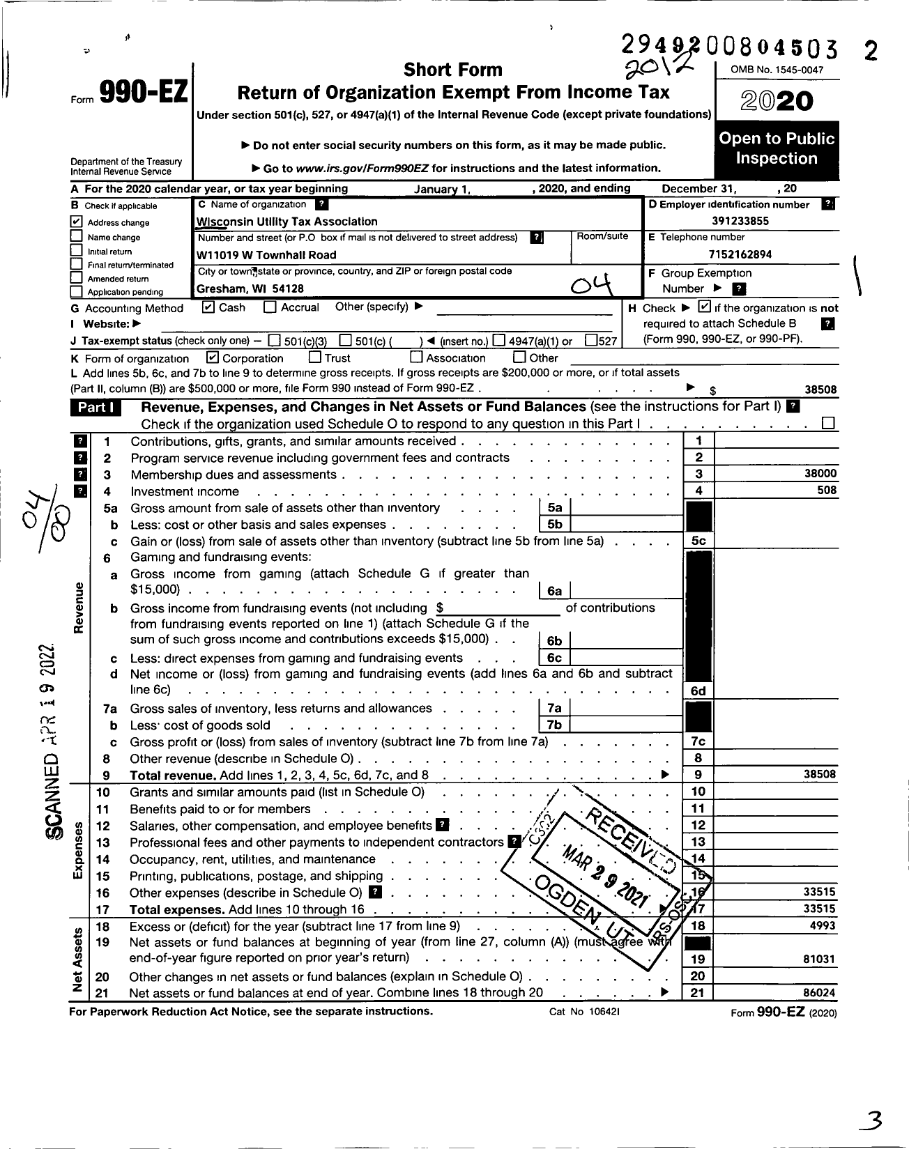 Image of first page of 2020 Form 990EO for Wisconsin Utility Tax Association (WUTA)
