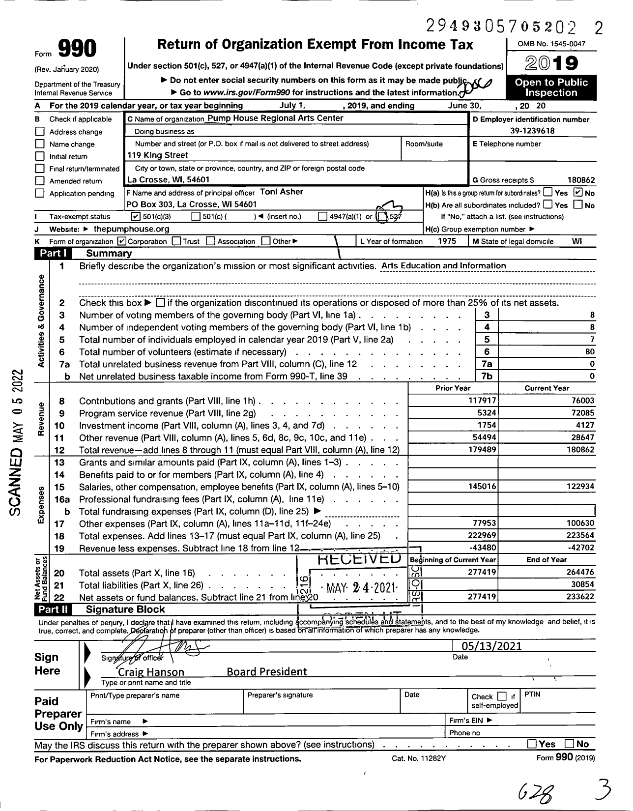 Image of first page of 2019 Form 990 for Pump House Regional Arts Center