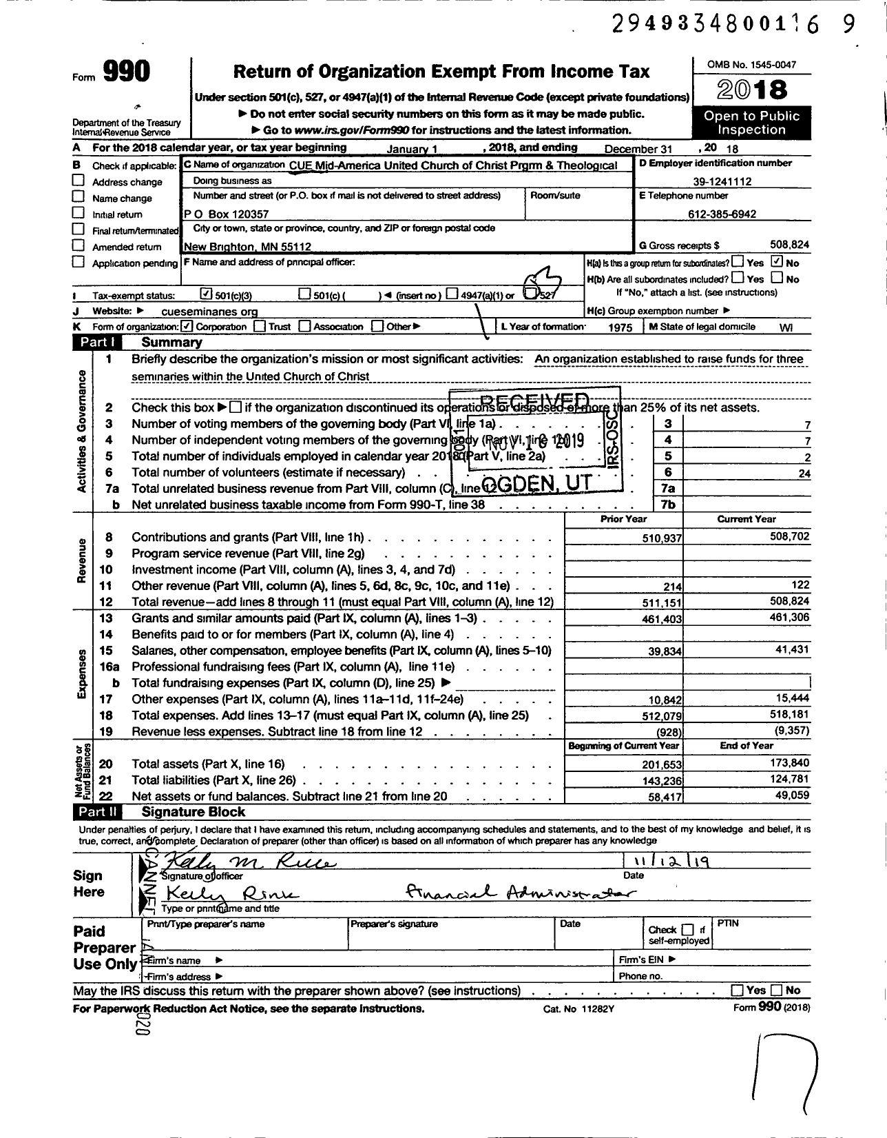 Image of first page of 2018 Form 990 for Cue Mid-America United Church of Christ PRGRM and Theological Ed