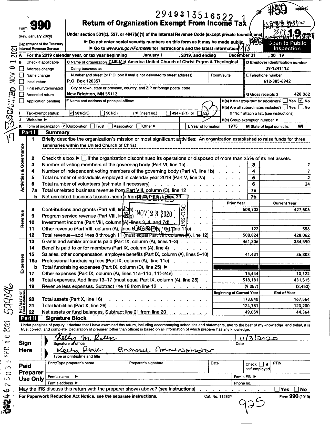 Image of first page of 2019 Form 990 for Cue Mid-America United Church of Christ PRGRM and Theological Ed