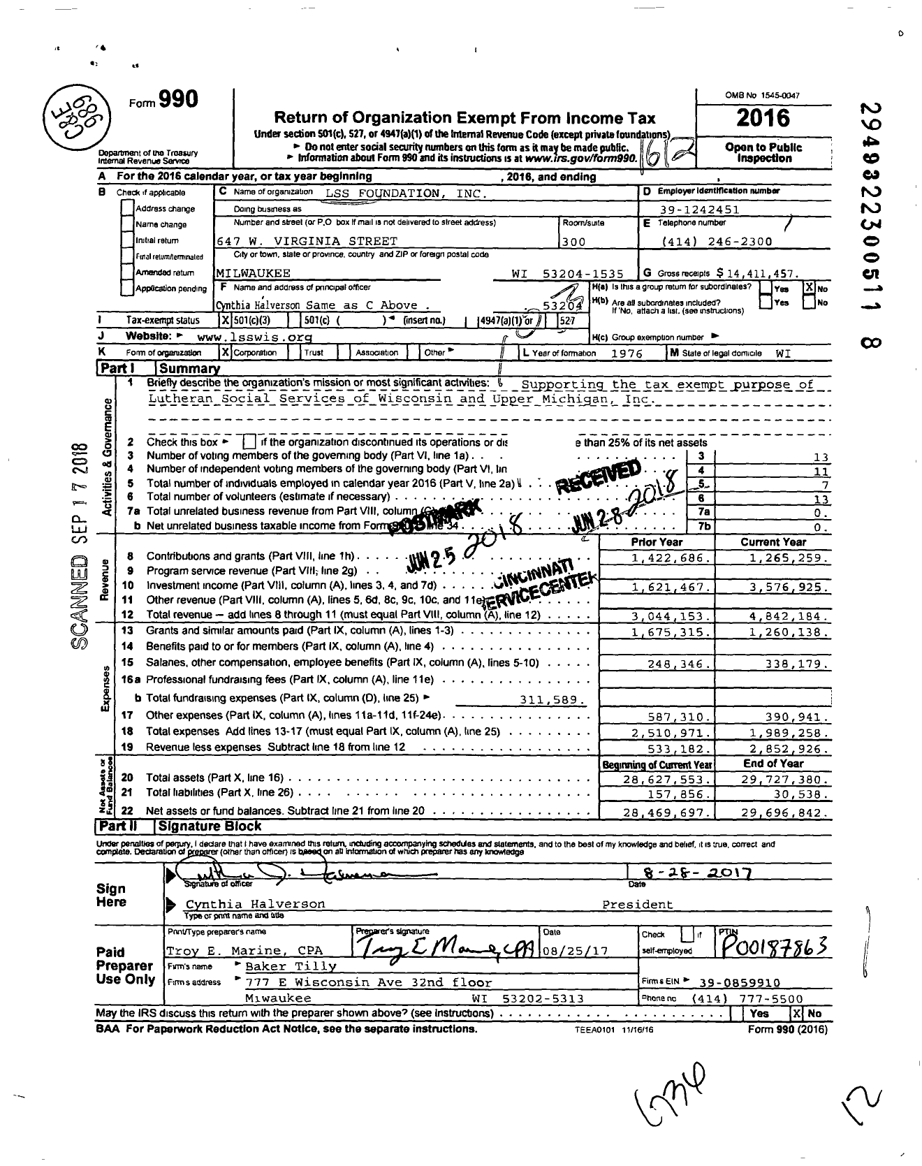 Image of first page of 2016 Form 990 for LSS Foundation