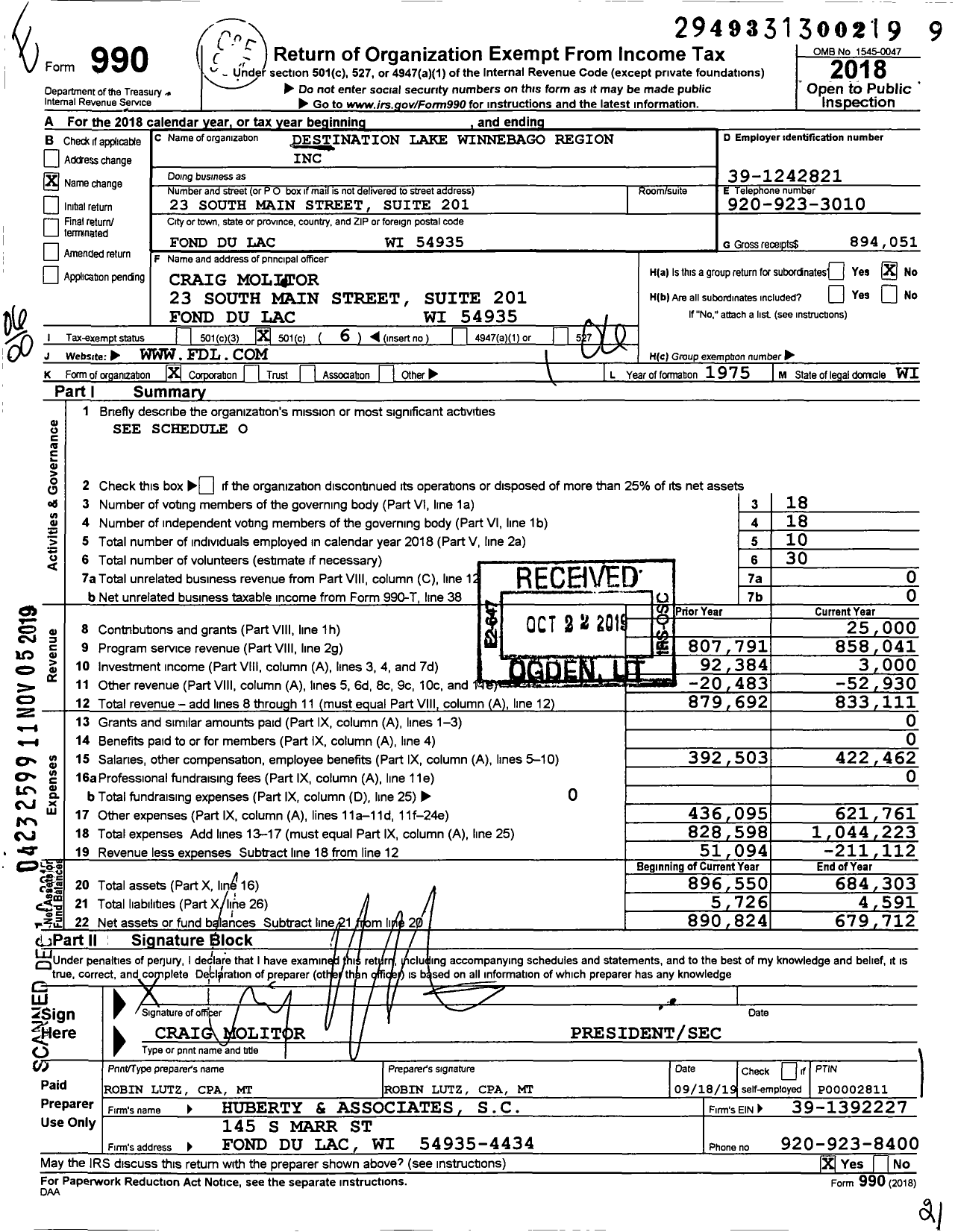 Image of first page of 2018 Form 990O for Destination Lake Winnebago Region