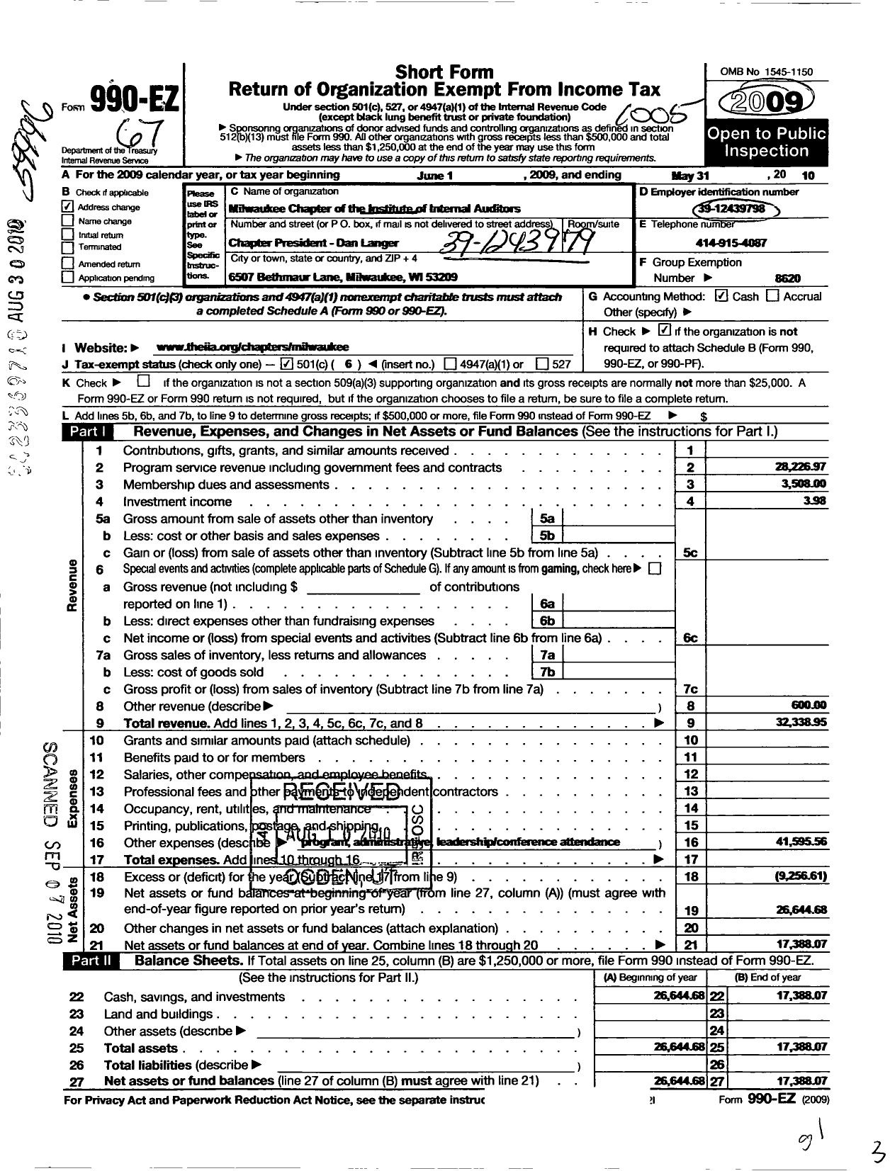 Image of first page of 2009 Form 990EO for Institute of Internal Auditors / Milwaukee Chapter