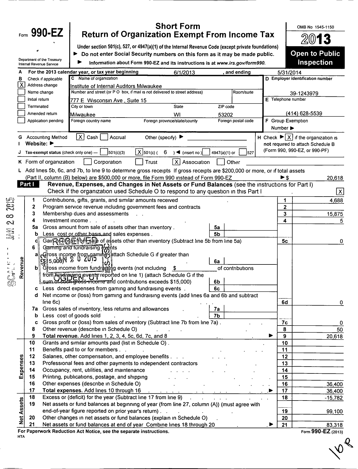 Image of first page of 2013 Form 990EO for Institute of Internal Auditors / Milwaukee Chapter