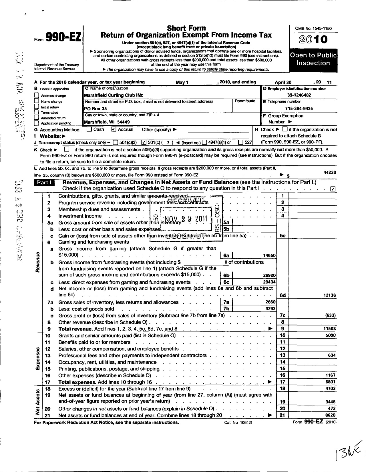 Image of first page of 2010 Form 990EO for Marshfield Curling Club