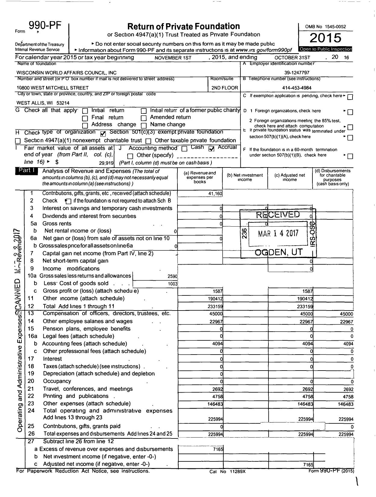 Image of first page of 2015 Form 990PF for Wisconsin World Affairs Council
