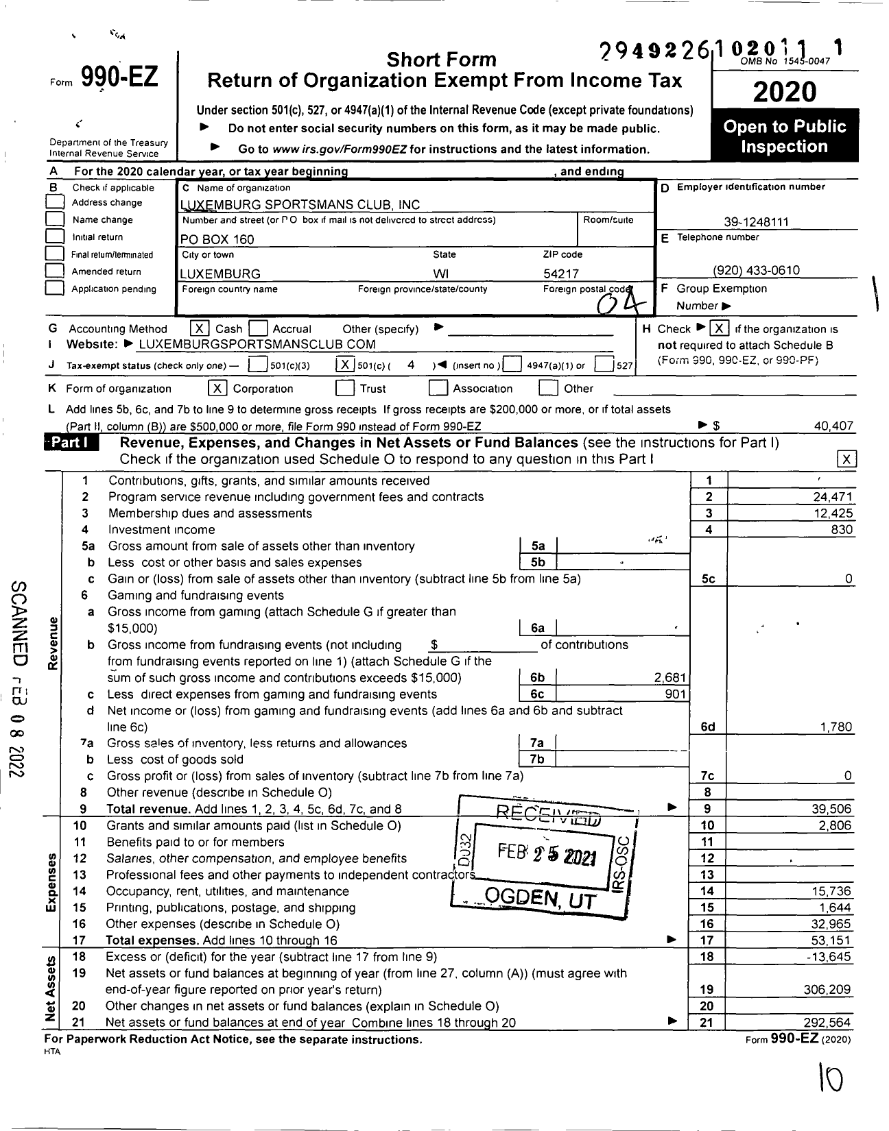 Image of first page of 2020 Form 990EO for Luxemburg Sportsmans Club